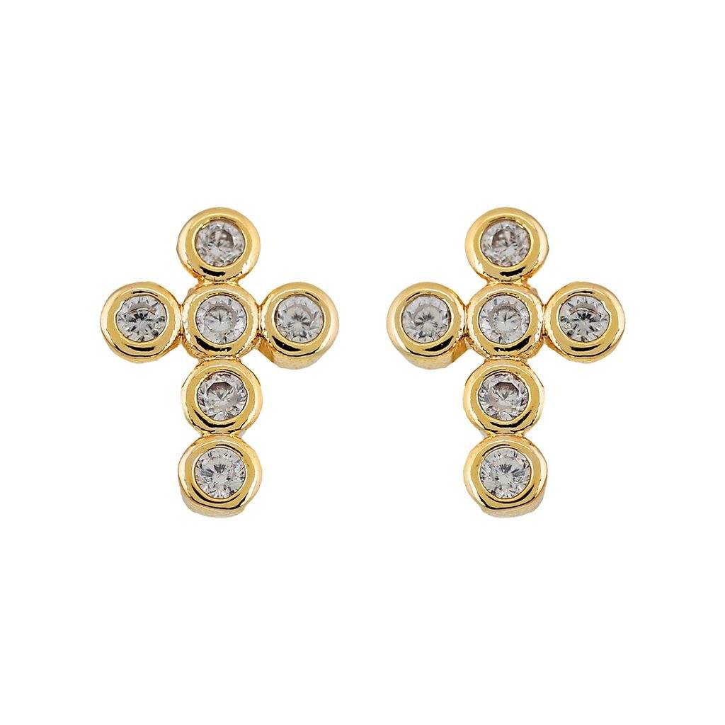 Mimi Mini Cross Earrings featuring a dainty cross design, crafted from brass and 18K gold plated with sparkling cubic zirconias.