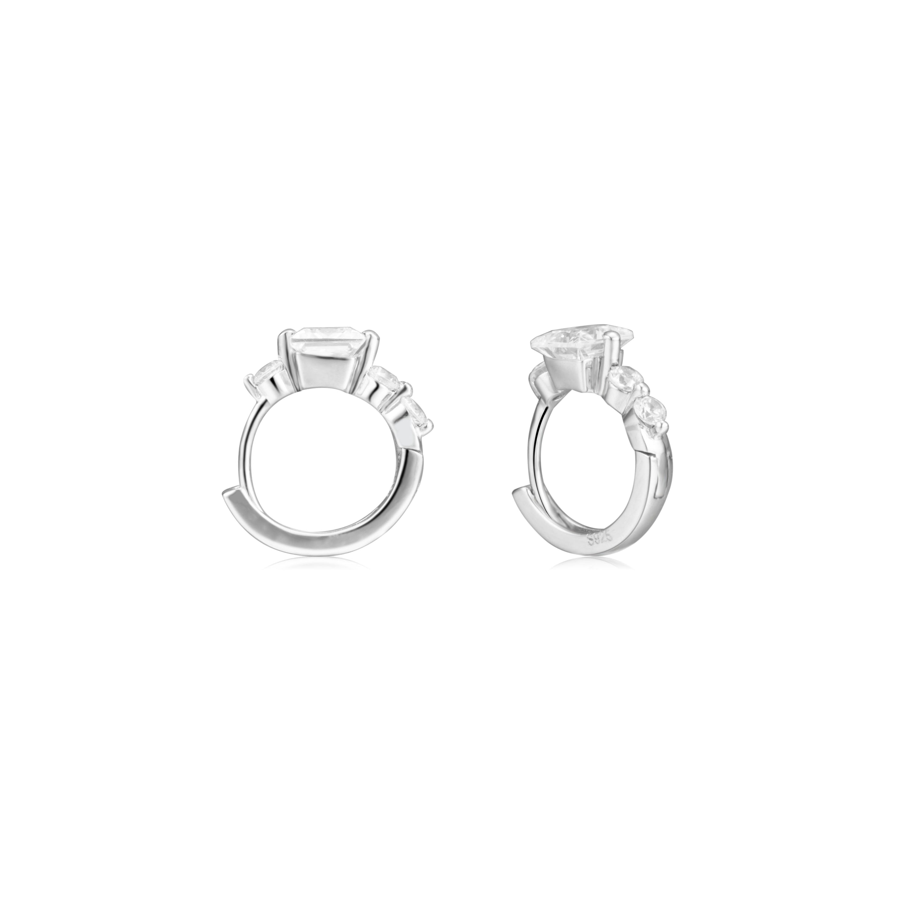 Mini 3 Stones Huggie Earring made of 925 sterling silver with white sapphires, showcasing a luxurious design.