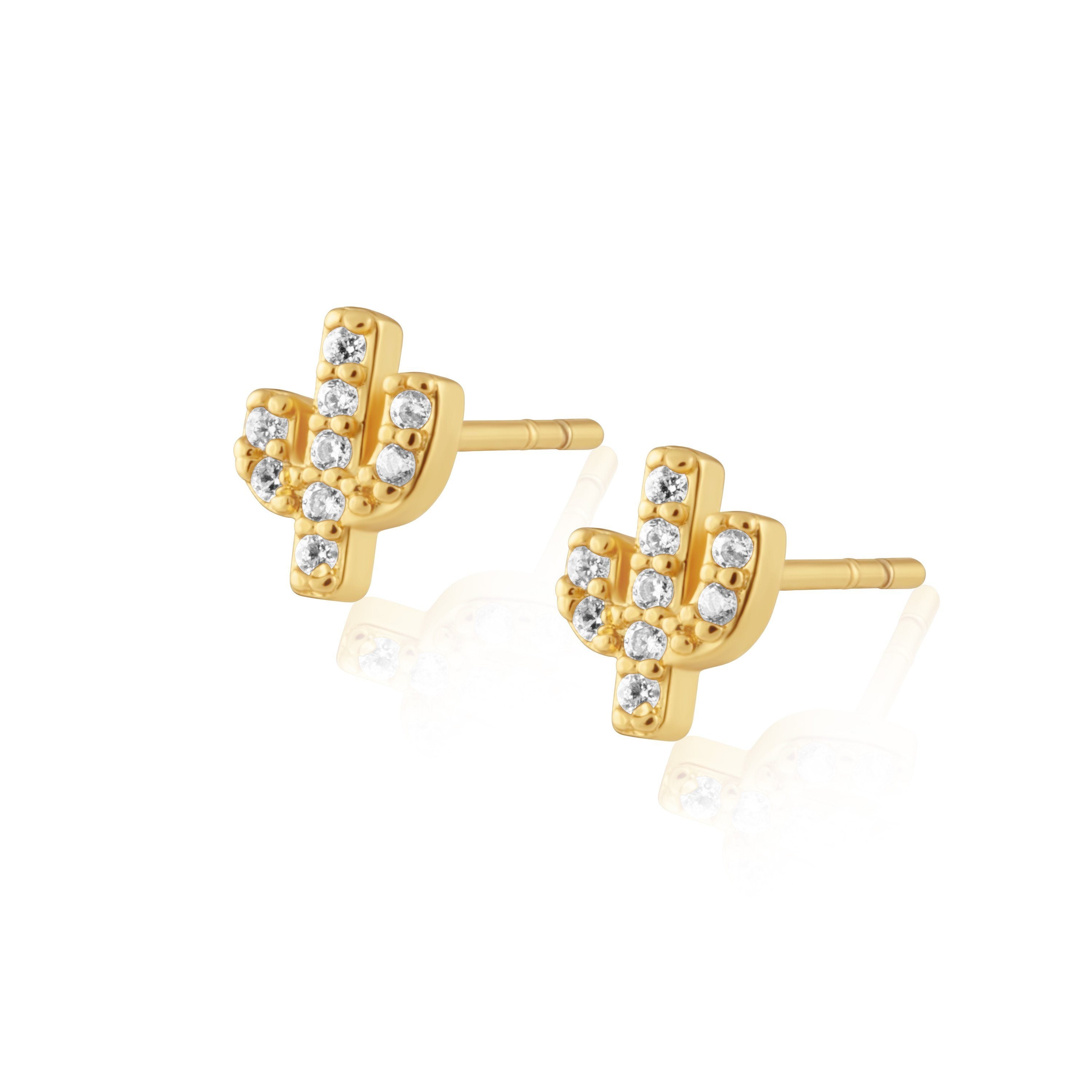 A pair of mini cactus stud earrings featuring pave CZ stones, designed for a stylish and hypoallergenic wear.