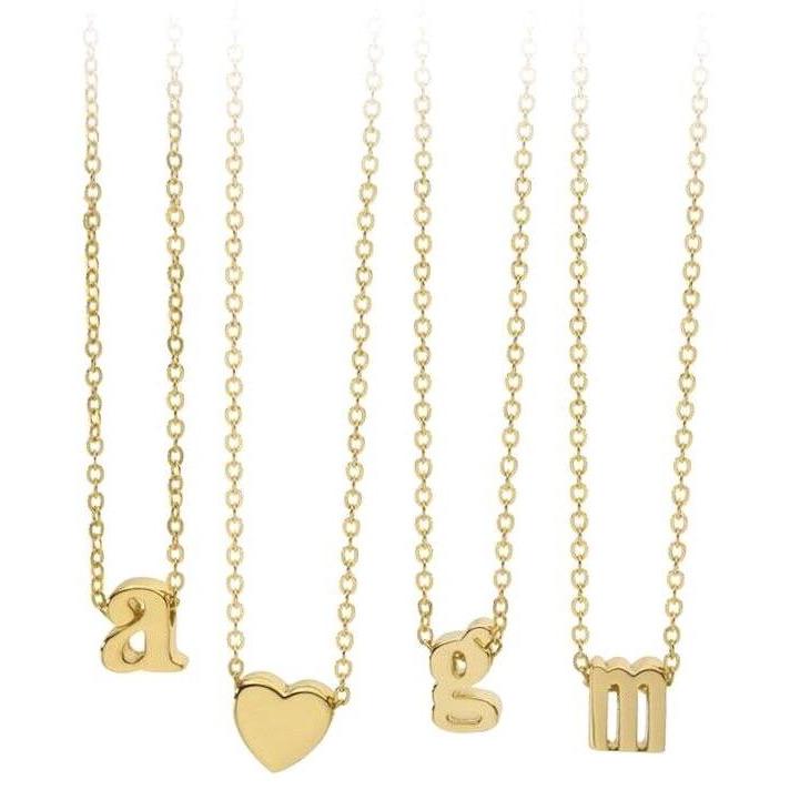 A delicate Mini Initial Necklace featuring an 18k gold plated lowercase initial, perfect for layering and gifting.