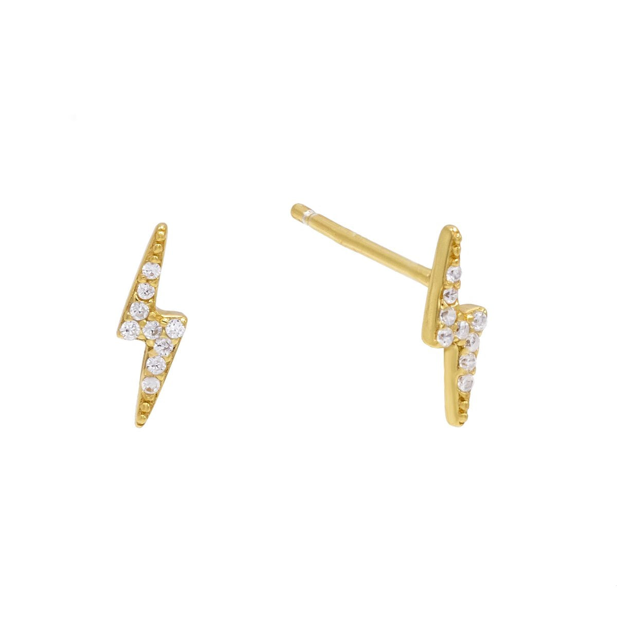 Mini Lightning Bolt Elements Studs in 14K Gold featuring white Elements stones, crafted from brass with 14K gold plating.