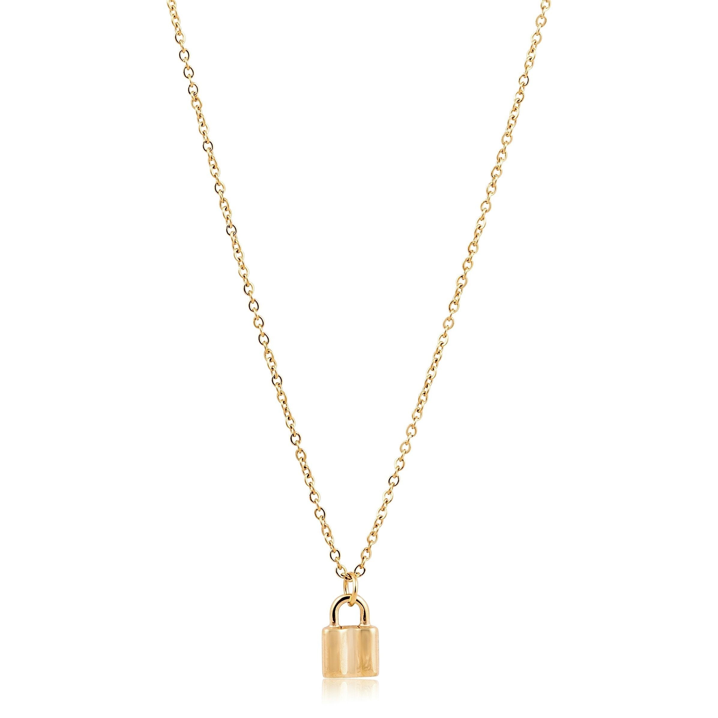 A beautiful 18k gold plated mini lock necklace made from stainless steel, showcasing its elegant design and adjustable chain.