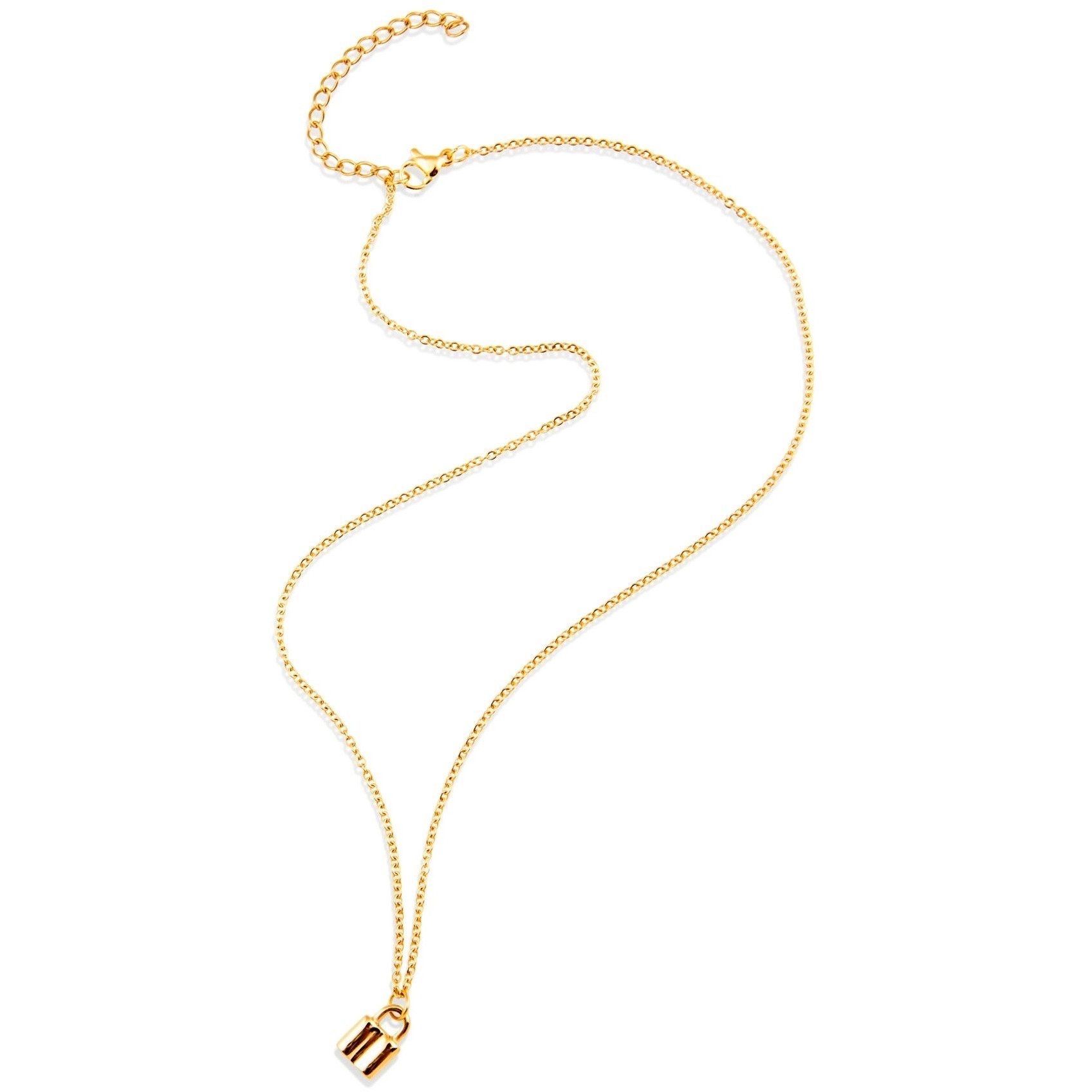 A beautiful 18k gold plated mini lock necklace made from stainless steel, showcasing its elegant design and adjustable chain.