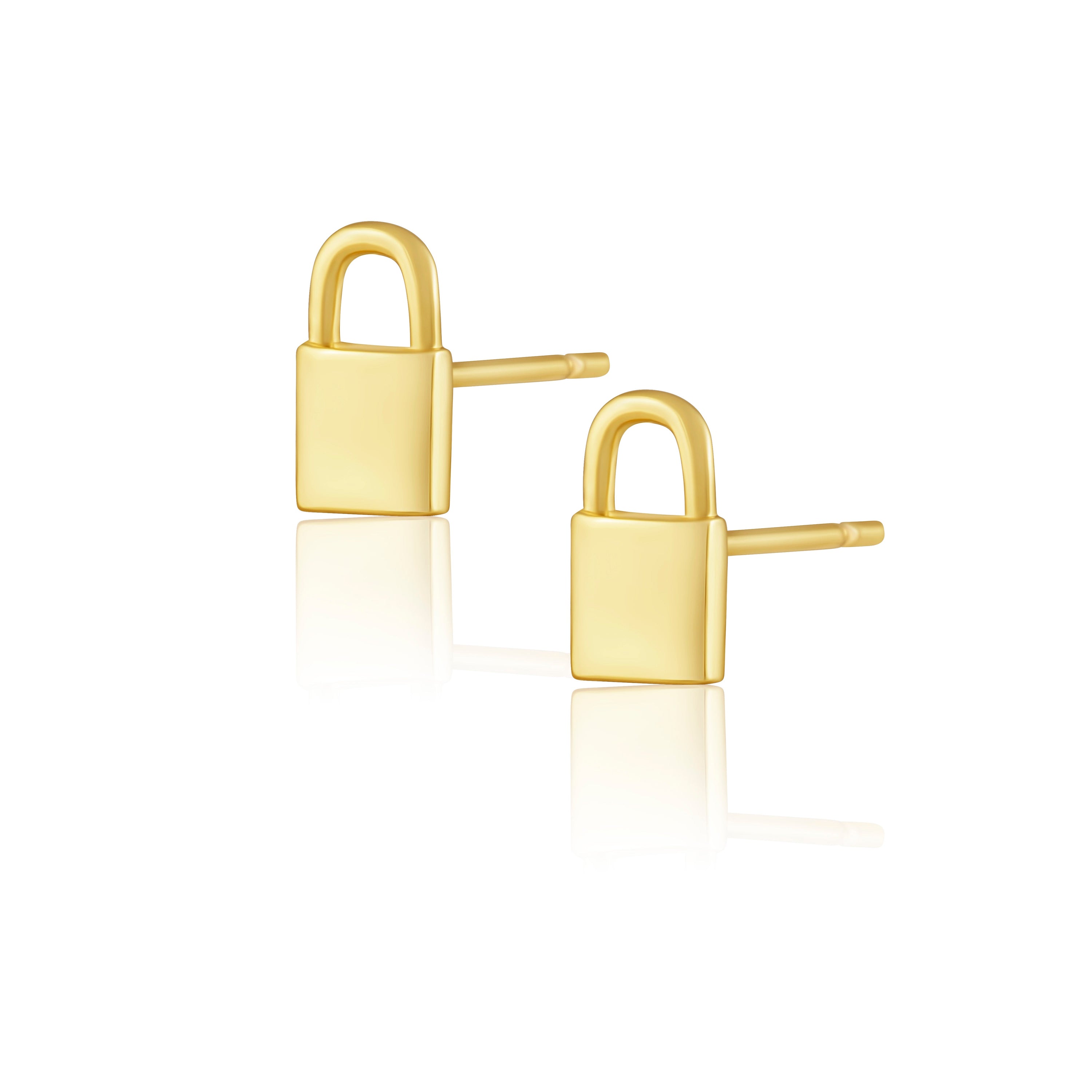 A pair of elegant Mini Lock Studs earrings with a gleaming gold finish, showcasing their trendy design and luxurious appeal.