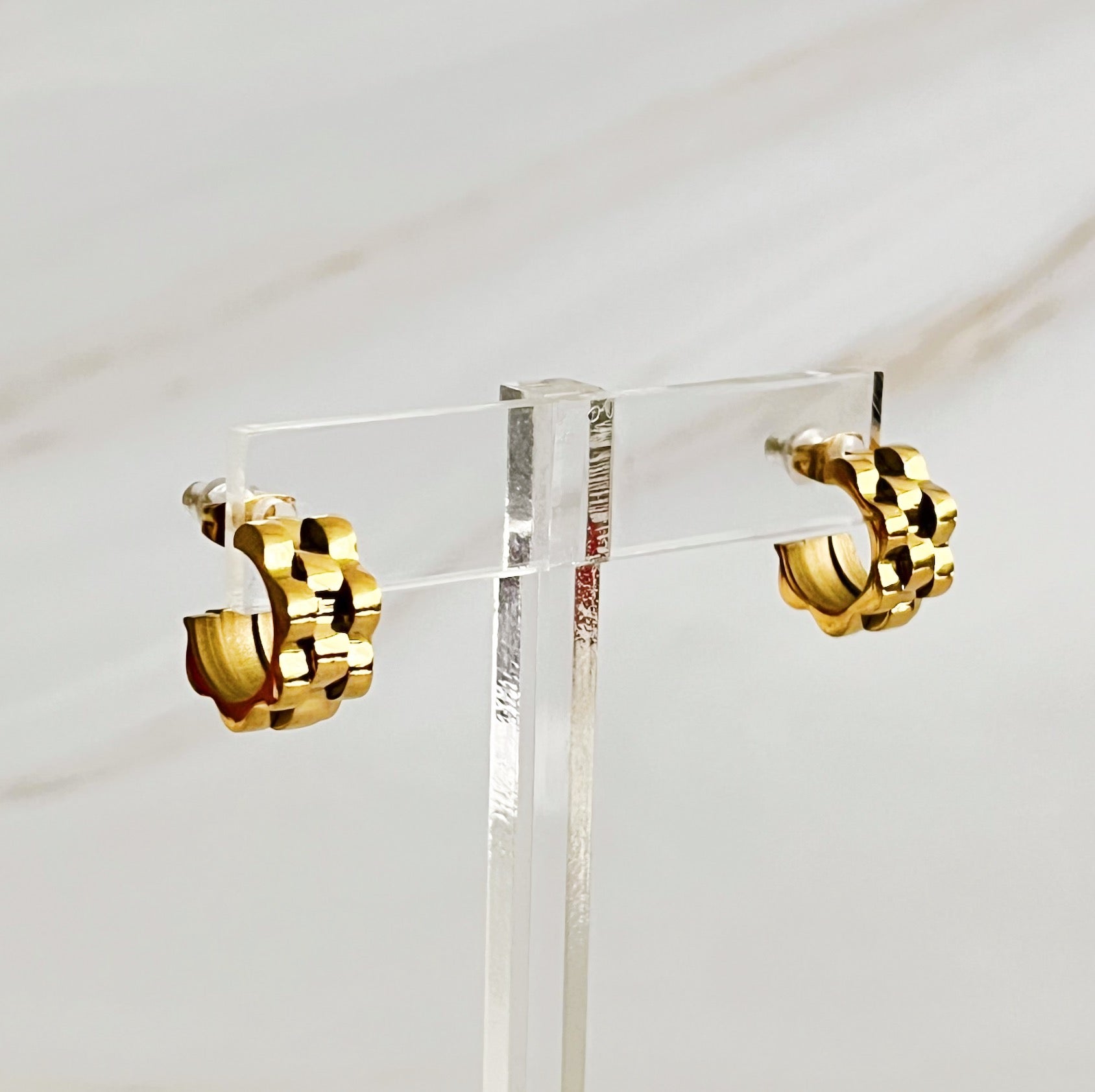 Mini Luxe Hoop Earrings featuring a unique shape design in 18k gold plated stainless steel, elegantly crafted for versatile wear.