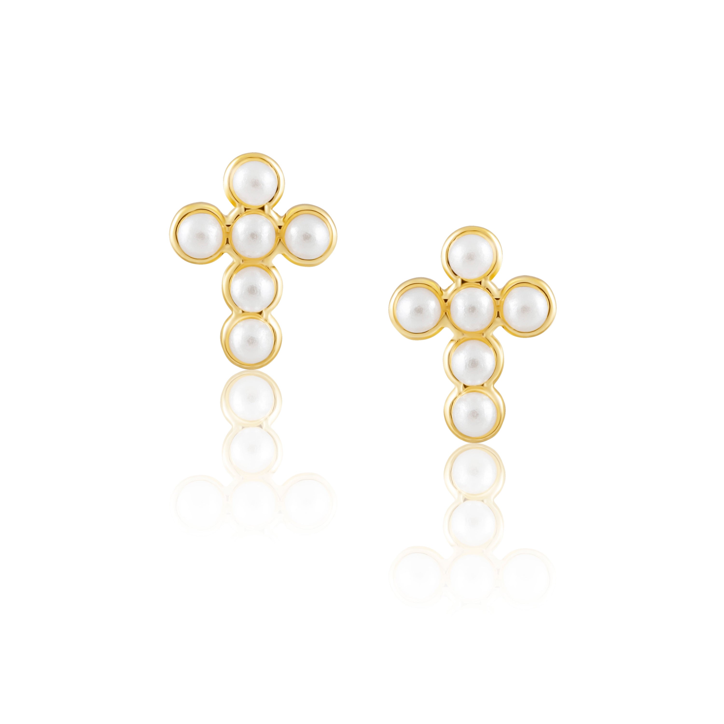 A pair of elegant Mini Pearl Cross Studs featuring a gold cross design adorned with small pearls, perfect for everyday wear.