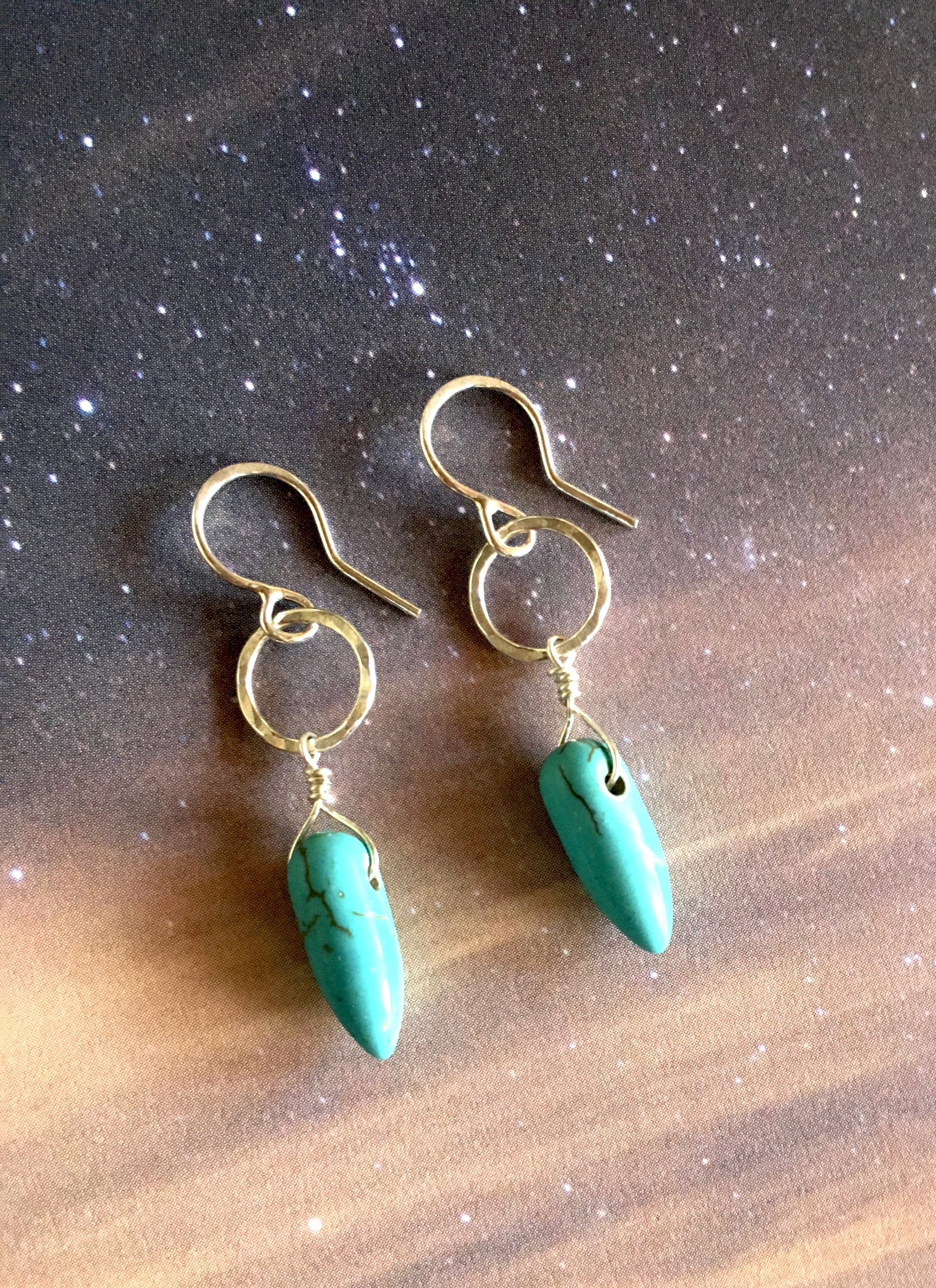 Mini Turquoise Drop Earrings featuring howlite spikes on rustic circles, available in sterling silver or yellow gold fill.