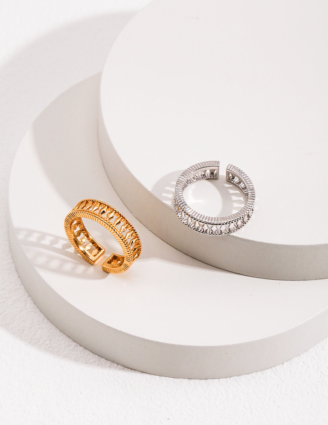 Minimalist Style Hollow Ring made of sterling silver and gold vermeil, showcasing its elegant design and craftsmanship.