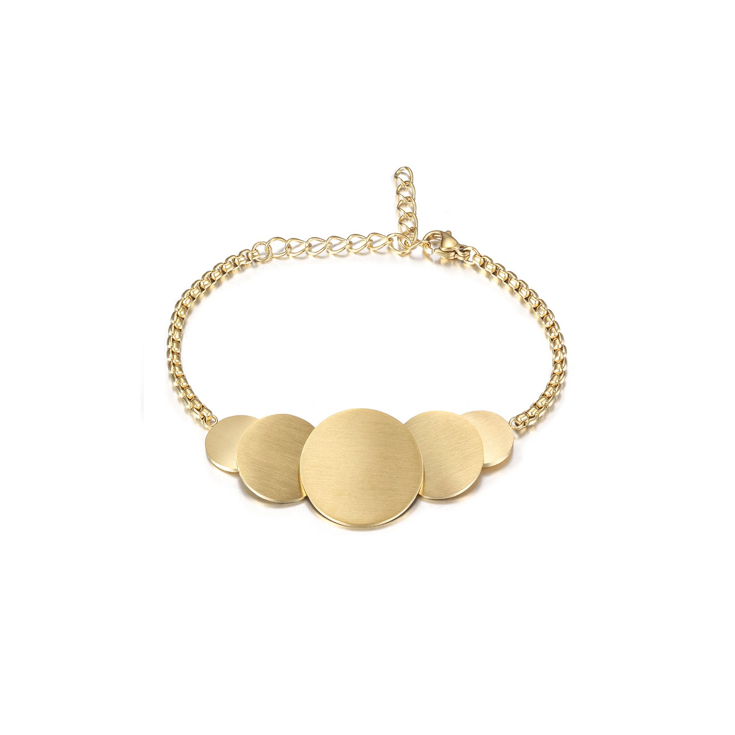 A stylish Minimalist Round Disk Bracelet made of 316L surgical stainless steel with 14K gold PVD plating, showcasing its elegant round disk design.