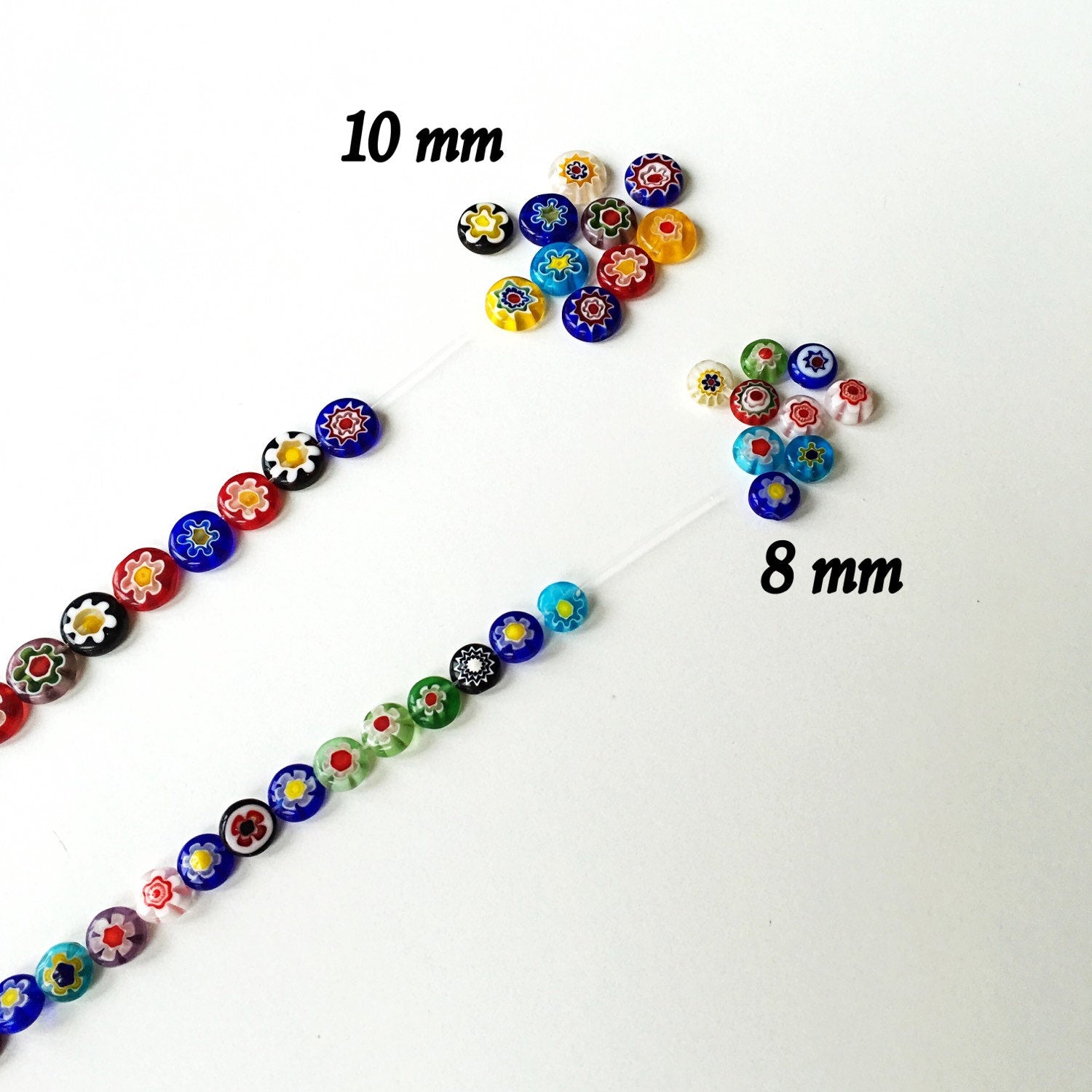 A vibrant assortment of mixed color evil eye glass beads, showcasing 120 pieces in 8mm and 10mm sizes with intricate millefiori designs.