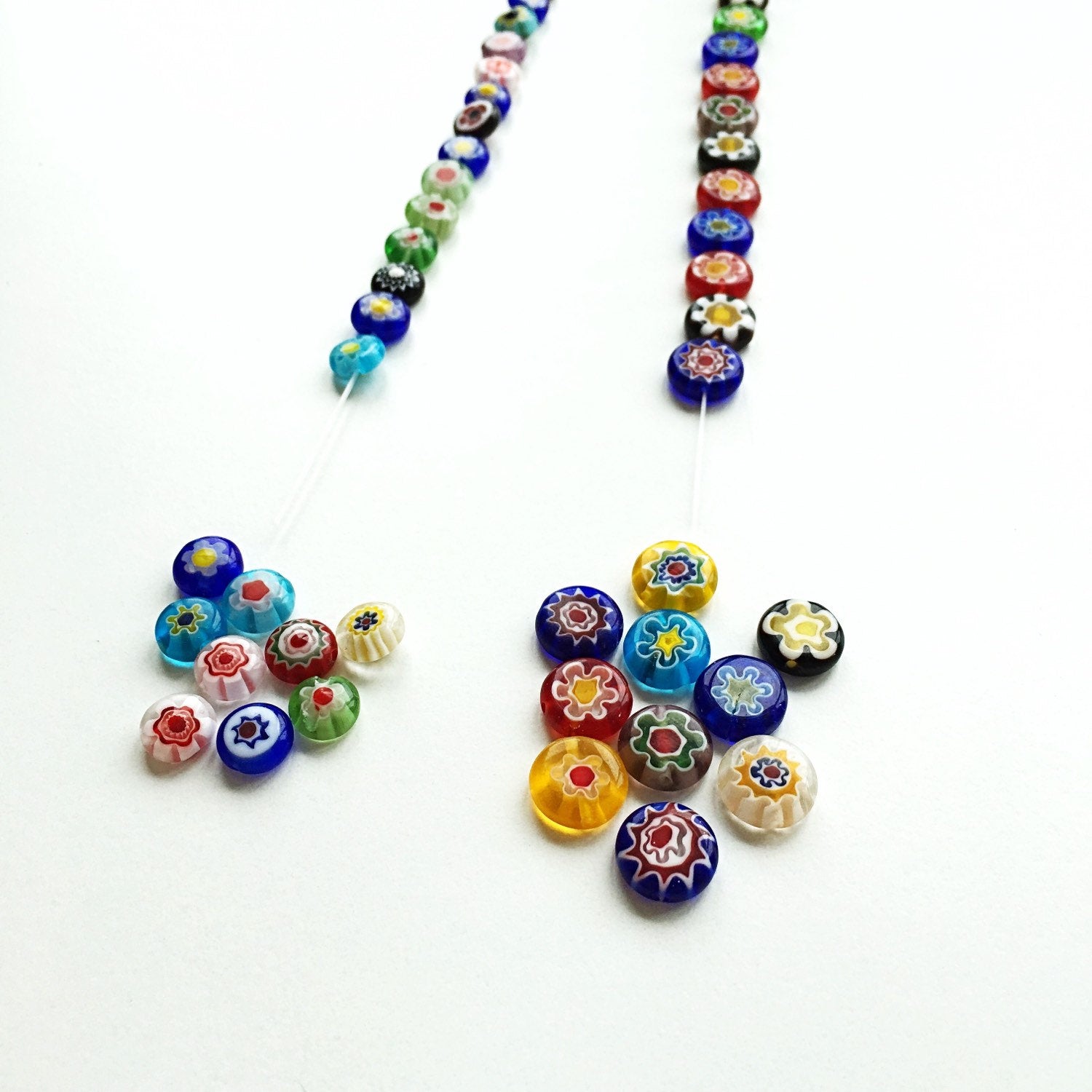 A vibrant assortment of mixed color evil eye glass beads, showcasing 120 pieces in 8mm and 10mm sizes with intricate millefiori designs.