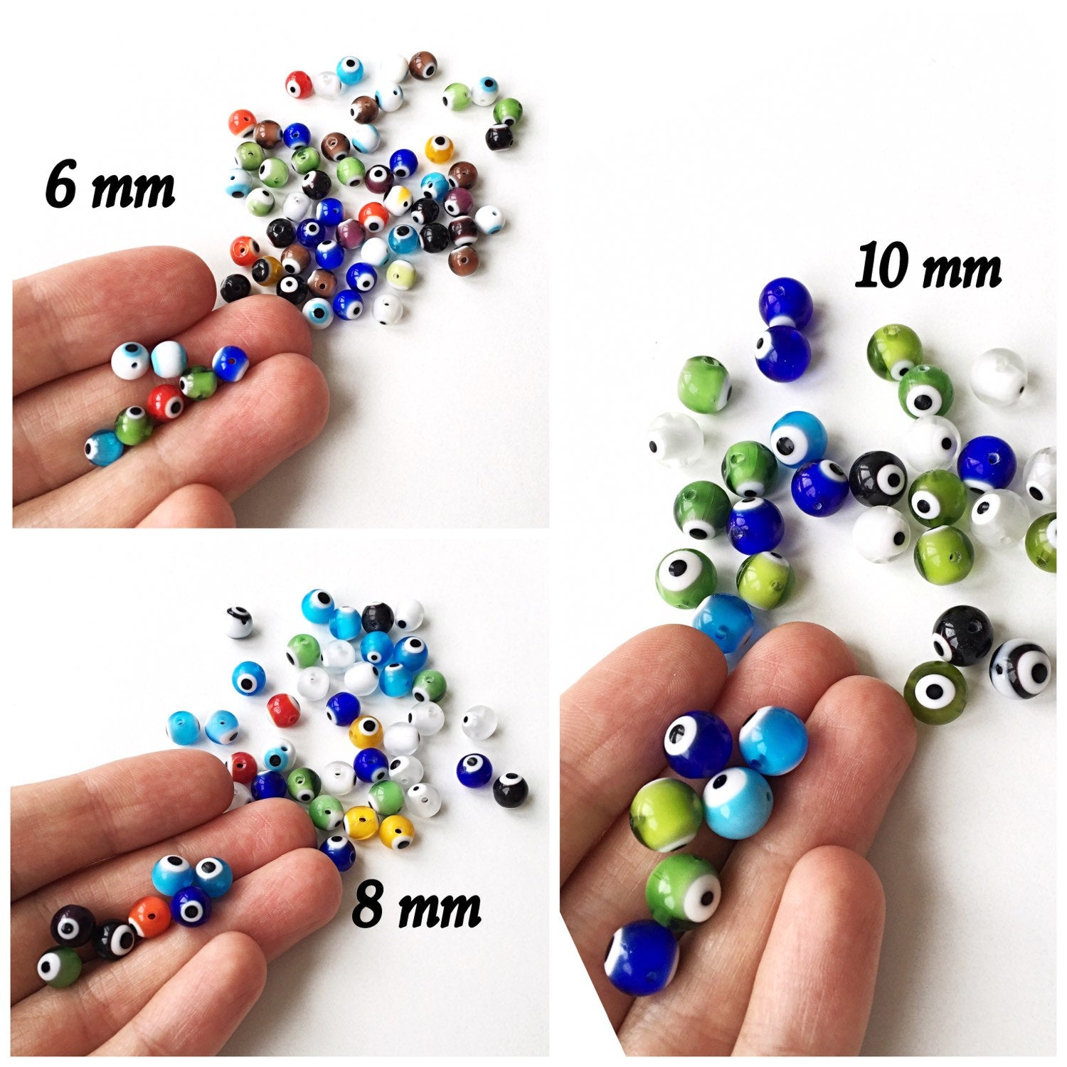 A collection of mixed color evil eye beads in 6mm, 8mm, and 10mm sizes, showcasing their vibrant designs and handmade quality.