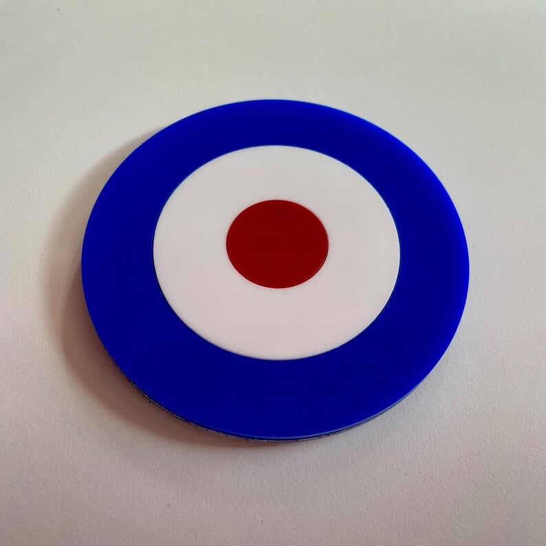 Mod Target Coaster featuring a vibrant retro design, made from laser-cut acrylic with a cork base, measuring 9.5cm in diameter.