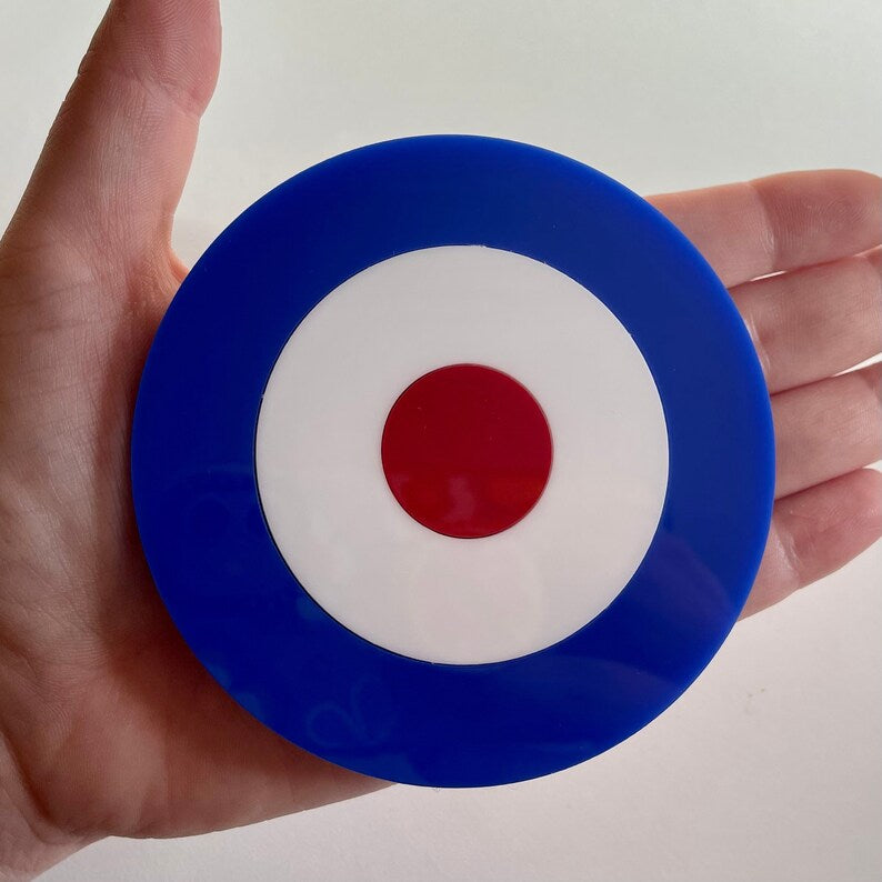 Mod Target Coaster featuring a vibrant retro design, made from laser-cut acrylic with a cork base, measuring 9.5cm in diameter.