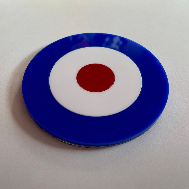 Mod Target Coaster featuring a vibrant retro design, made from laser-cut acrylic with a cork base, measuring 9.5cm in diameter.