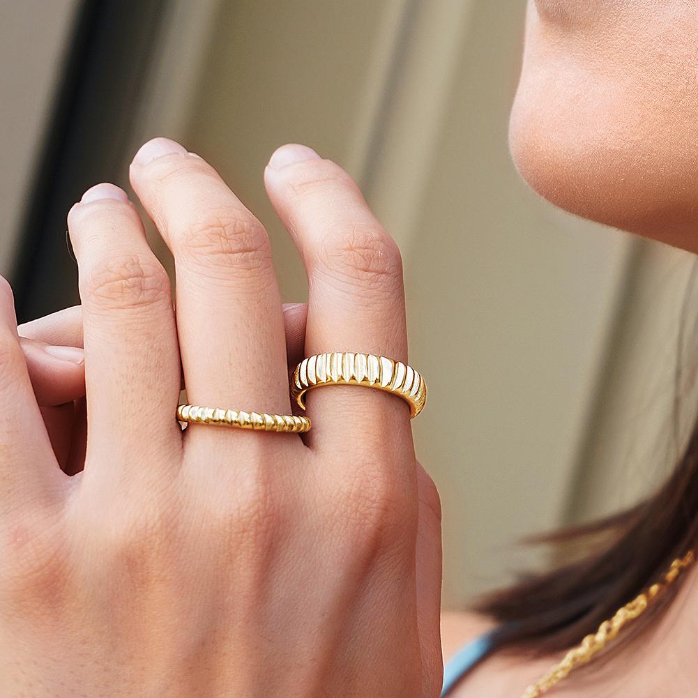 A stylish Modern Ribbed Ring made of 316L surgical stainless steel with 14K gold PVD plating, showcasing a contemporary ribbed design.