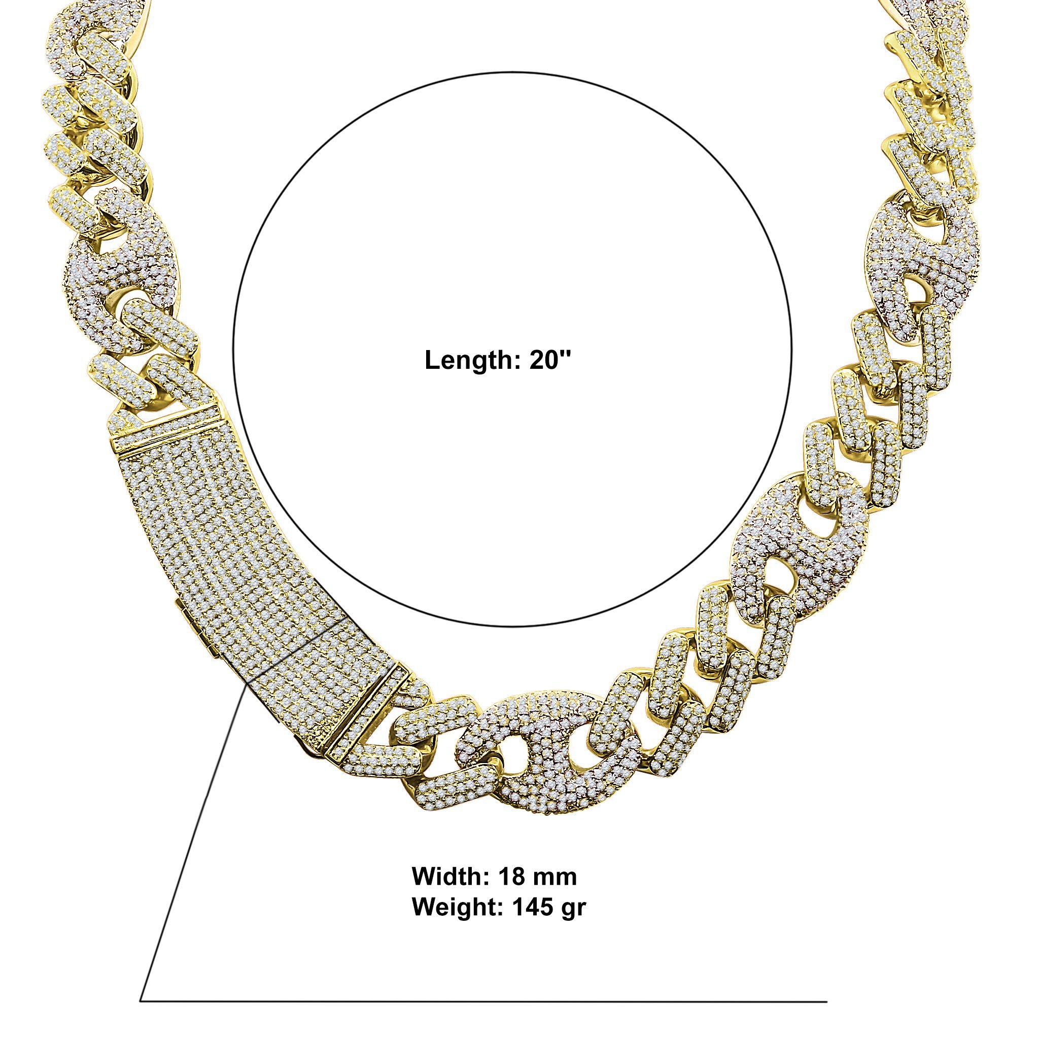 MODISH 18mm Miami Cuban chain featuring hand-set Grade AAA cubic zirconia on a brass metal base, showcasing a stylish and bold design.