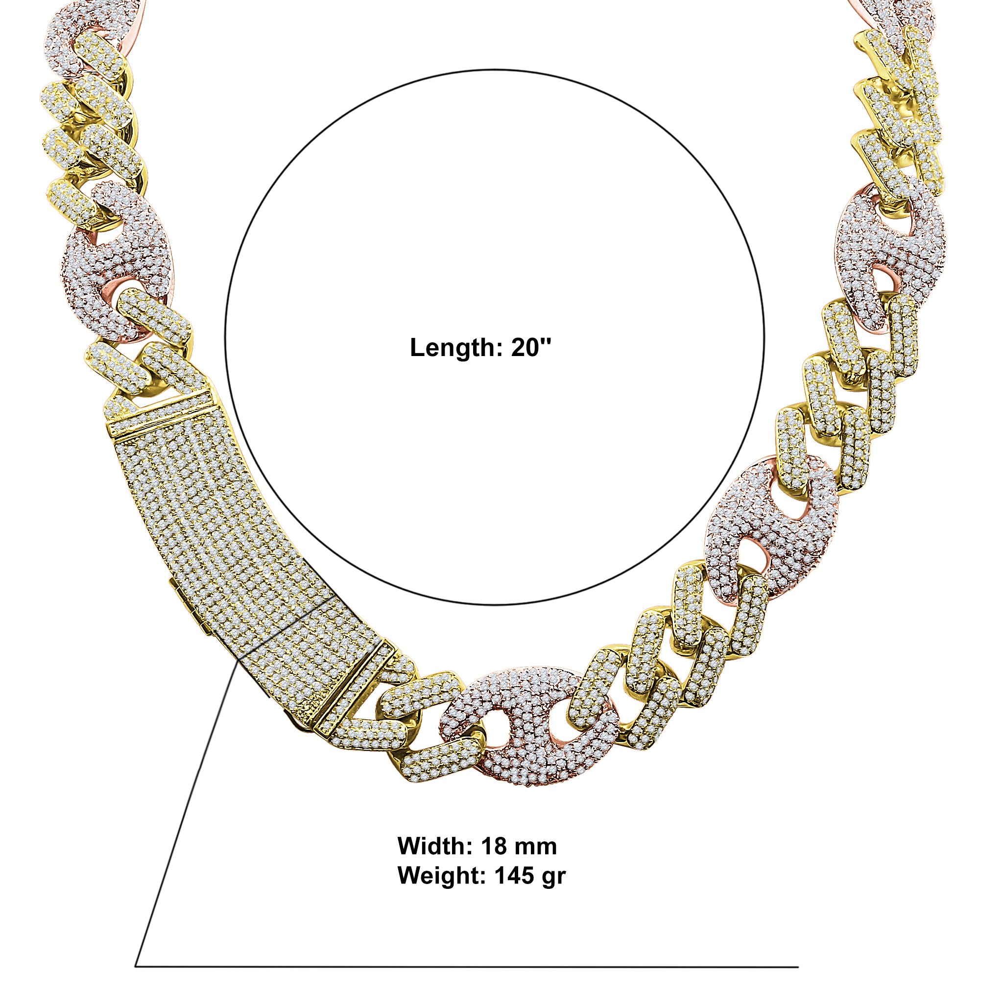 MODISH 18mm Miami Cuban chain featuring Grade AAA Cubic Zirconia, crafted from brass, showcasing a stylish and luxurious design.