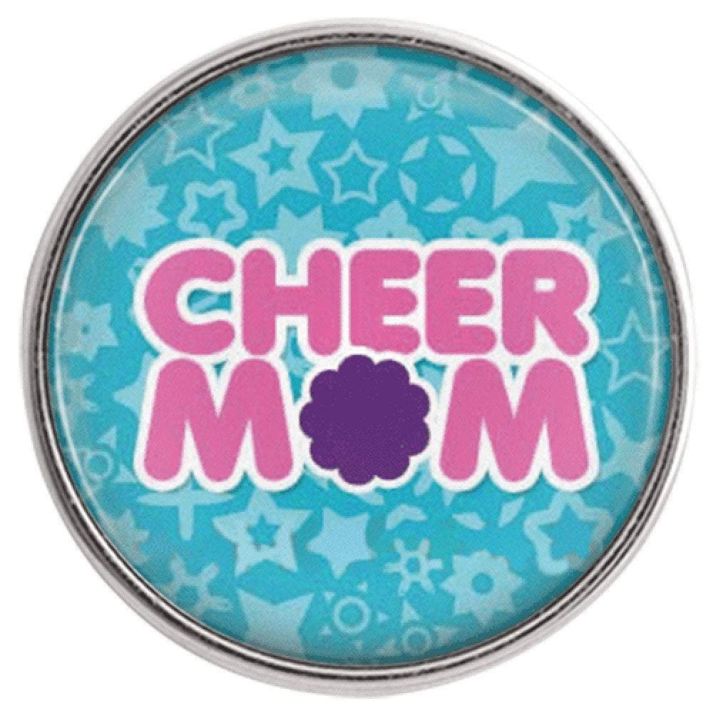 Cheer Mom Snap, a hand-pressed 7/8” round snap featuring vibrant cheer-themed design, perfect for jewelry accessories.