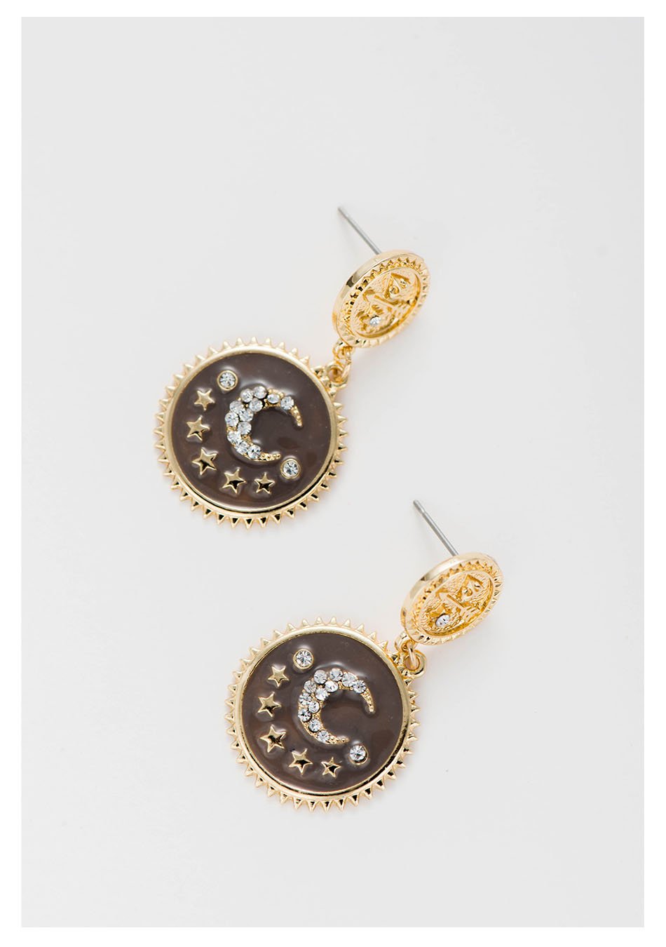 Elegant gold plated moon and star dangle earrings, showcasing intricate design and lightweight structure.