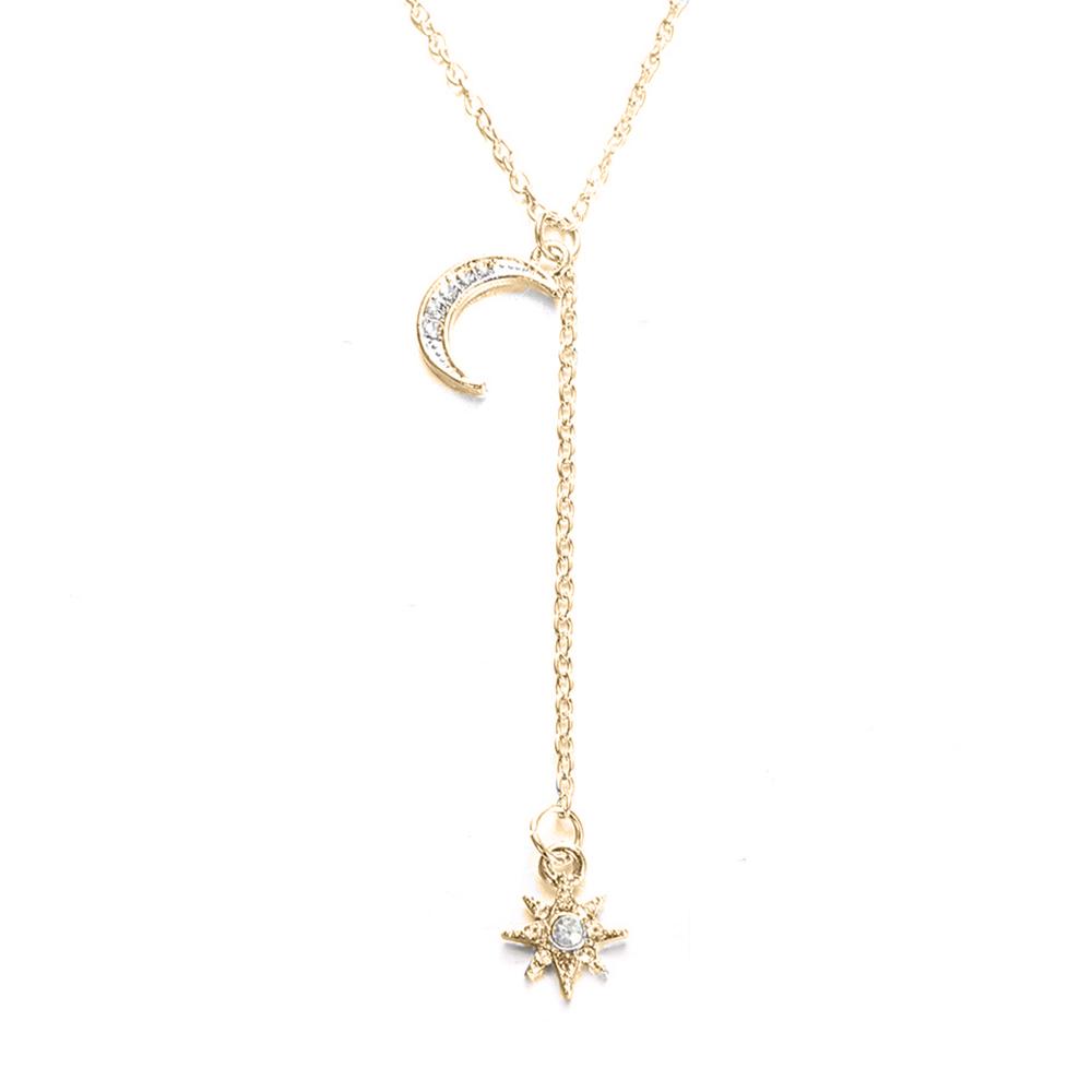 Elegant Moon and Star Necklace featuring Austrian Crystals, crafted in 18K gold plating, showcasing a beautiful celestial design.