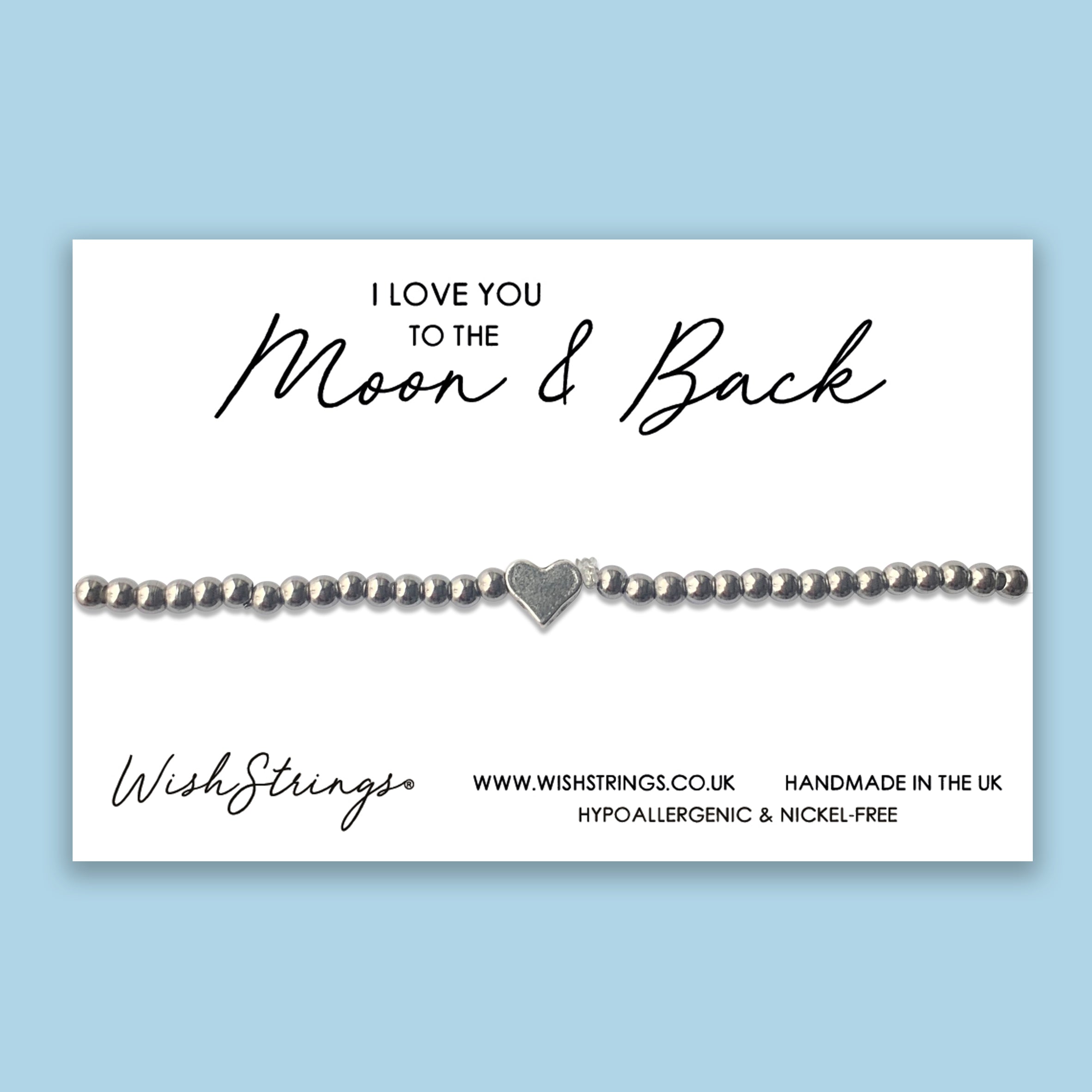 Moon & Back Heart Stretch Bracelet featuring a delicate heart design, handmade with hypoallergenic materials.