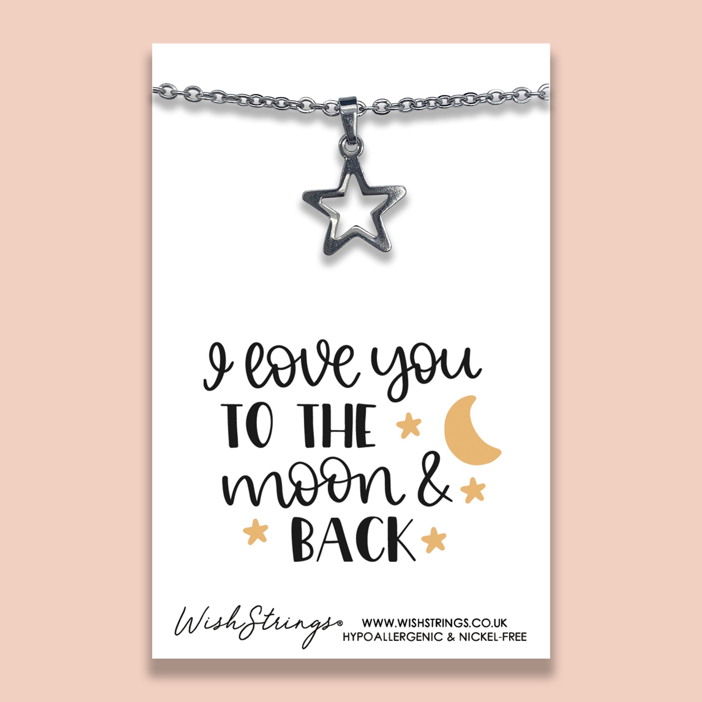 MOON & BACK - J065 necklace, handmade in the UK, featuring a silver-coated stainless steel design on a gift card.