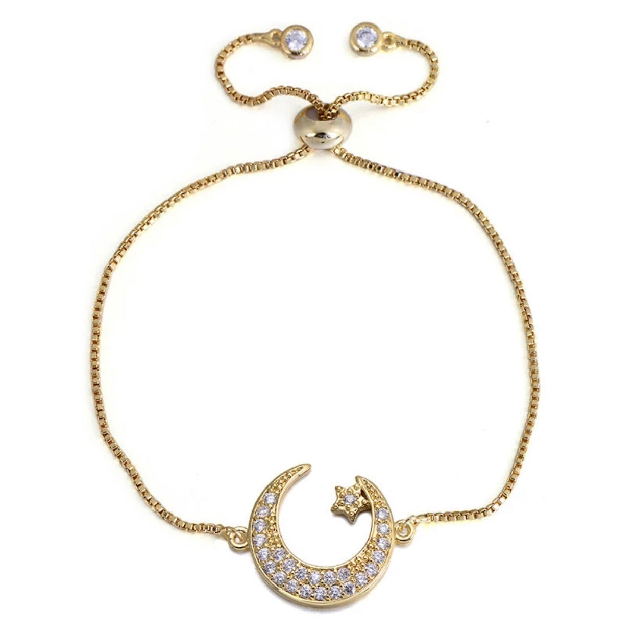 Moon & Stars Adjustable Bracelet in gold finish, featuring a celestial design with moon and star motifs.