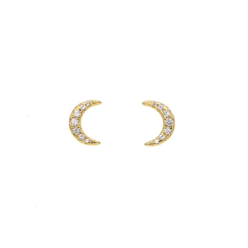 A pair of elegant .925 sterling silver moon-shaped studs, showcasing their shiny finish and intricate design.