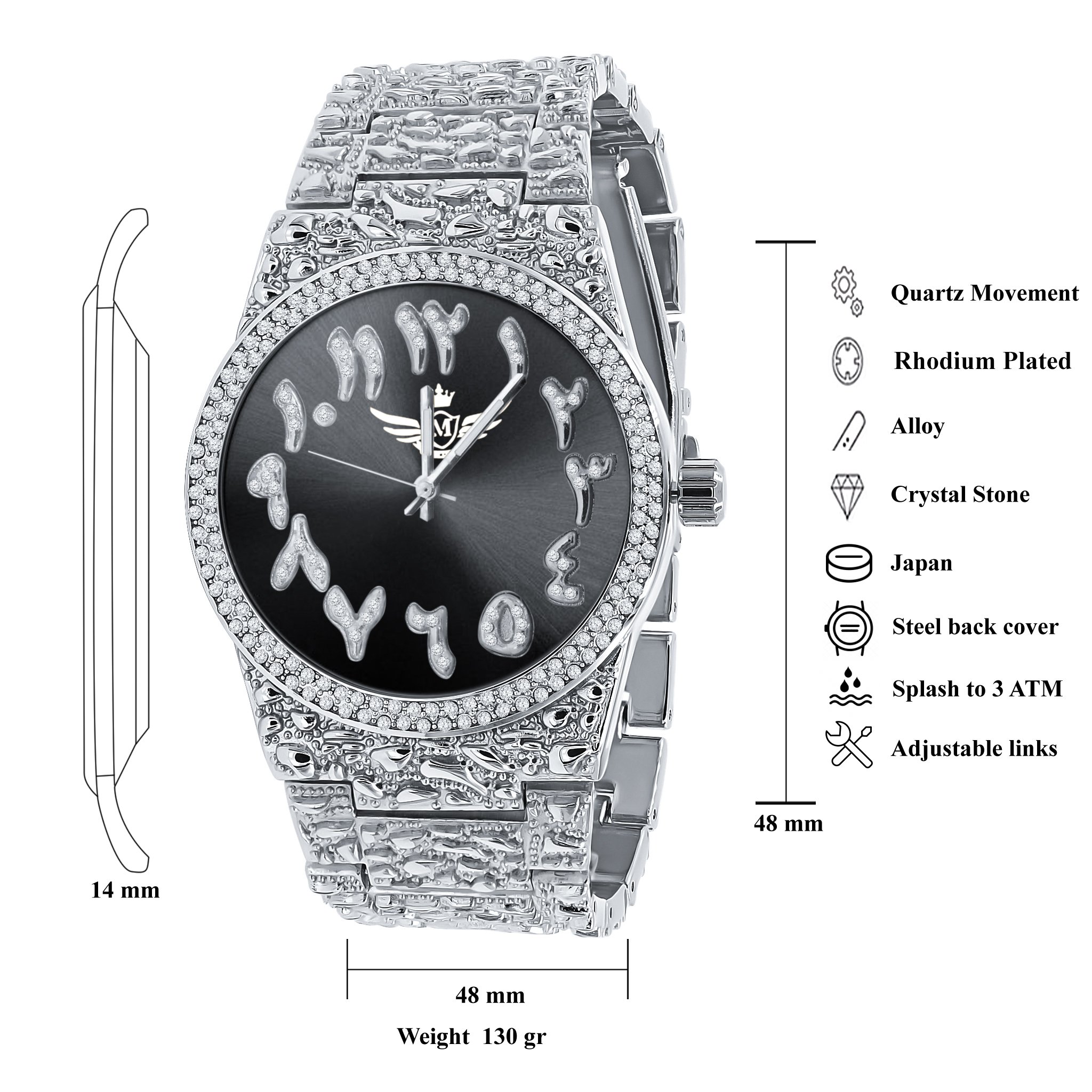 MONASTIC Hip Hop Metal Watch featuring a bling metal design, Japanese movement, and a stylish European crystal bezel.