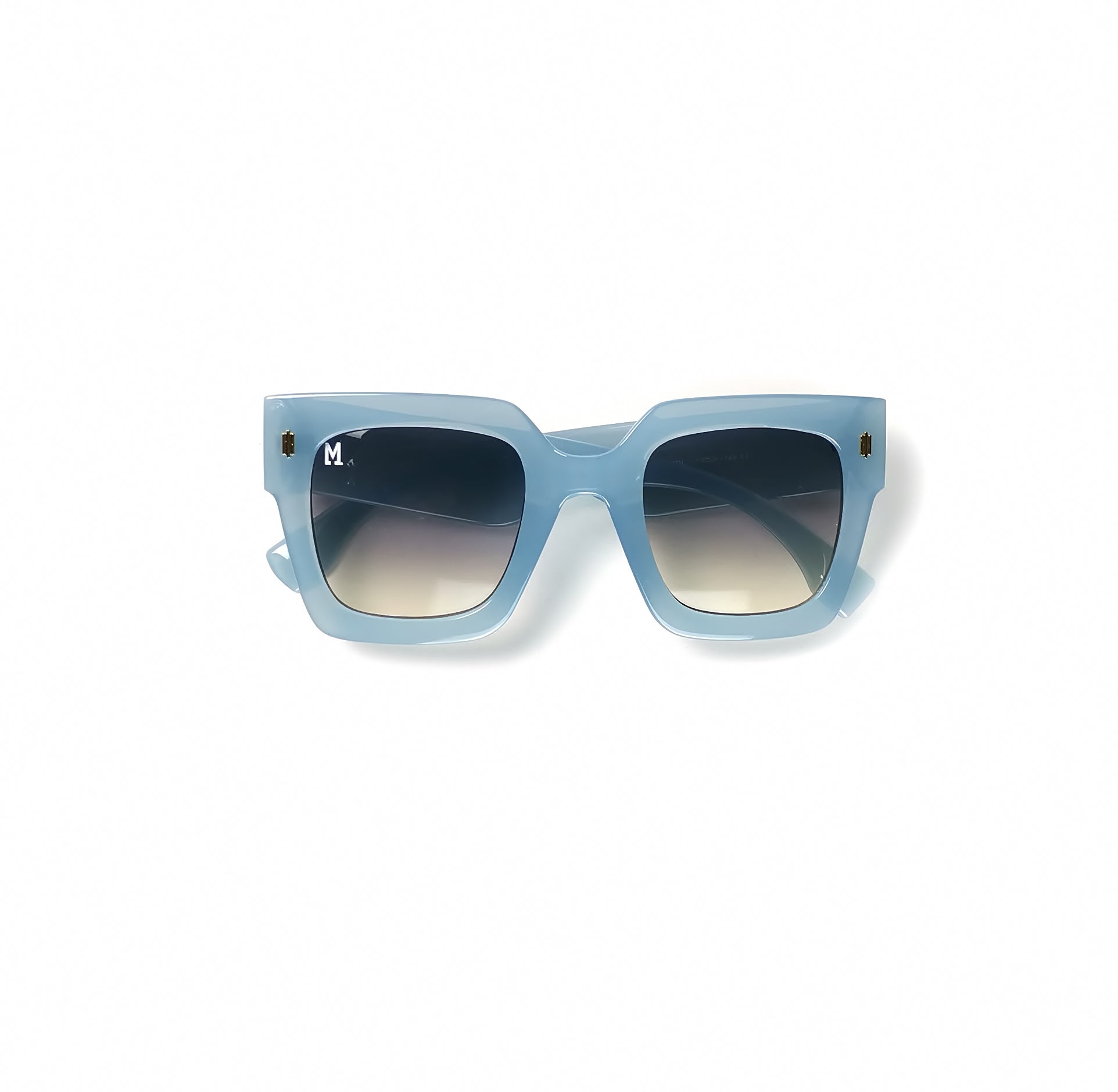 Monett Estilo sunglasses featuring a stylish square frame in minty blue, white, and brown colors, with a cleaning cloth and carry purse.