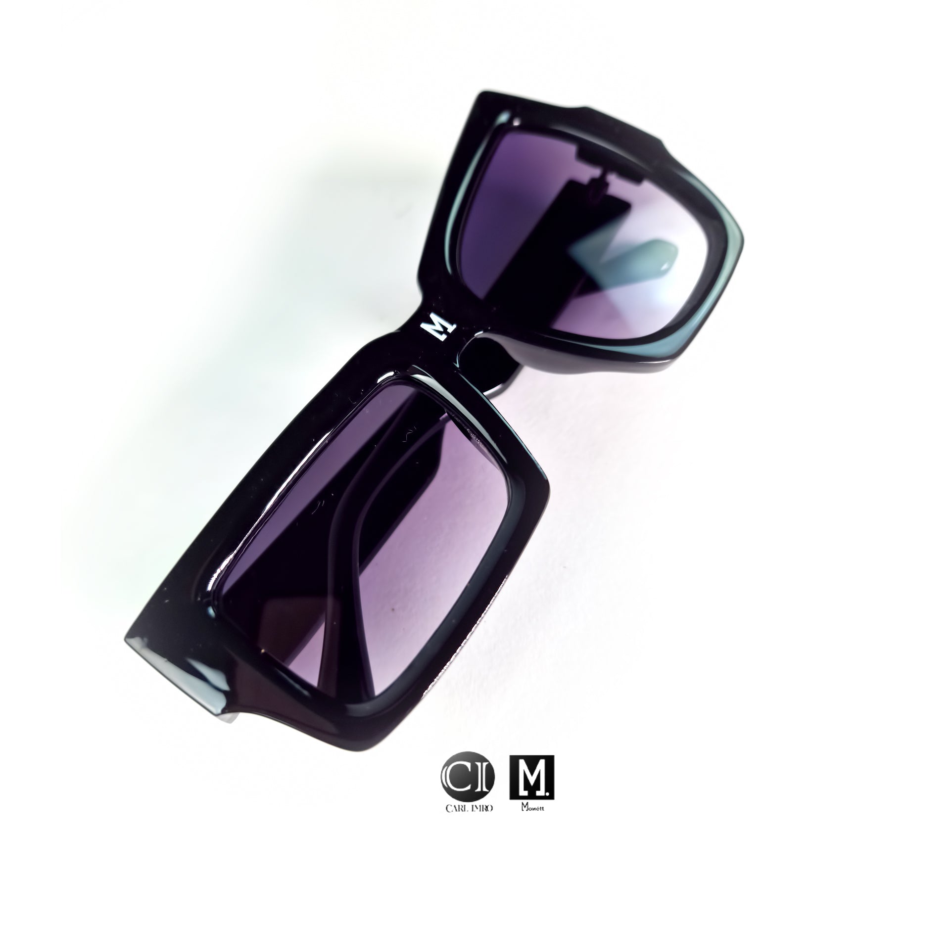 Black rectangular sunglasses with logo.