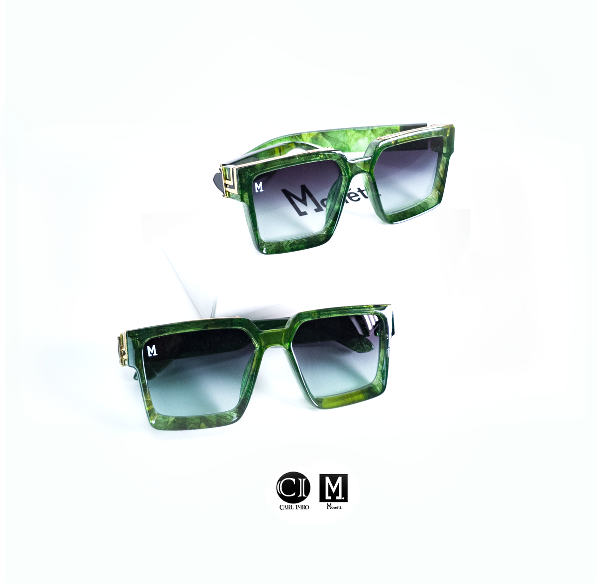 Green square-frame sunglasses with gradient lenses.