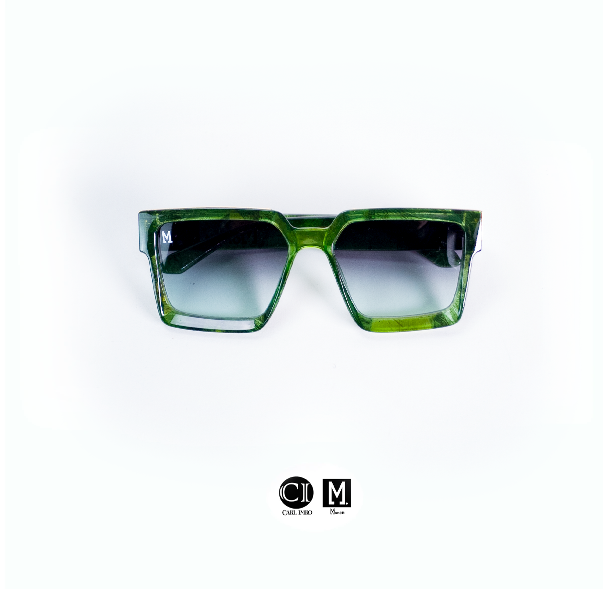 Green square sunglasses with logos.