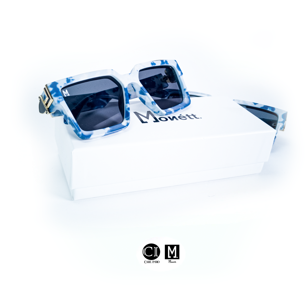 Monett Manifesto MarBlu sunglasses featuring a stylish square frame, lightweight plastic lenses, and a signature box.