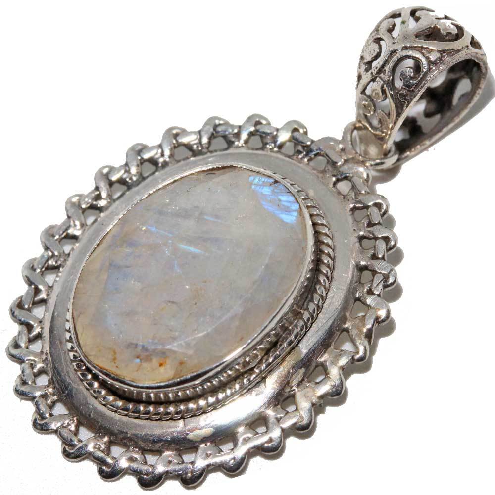 Moonstone Rope-work Wreath Pendant in sterling silver with intricate design and a beautiful moonstone centerpiece.