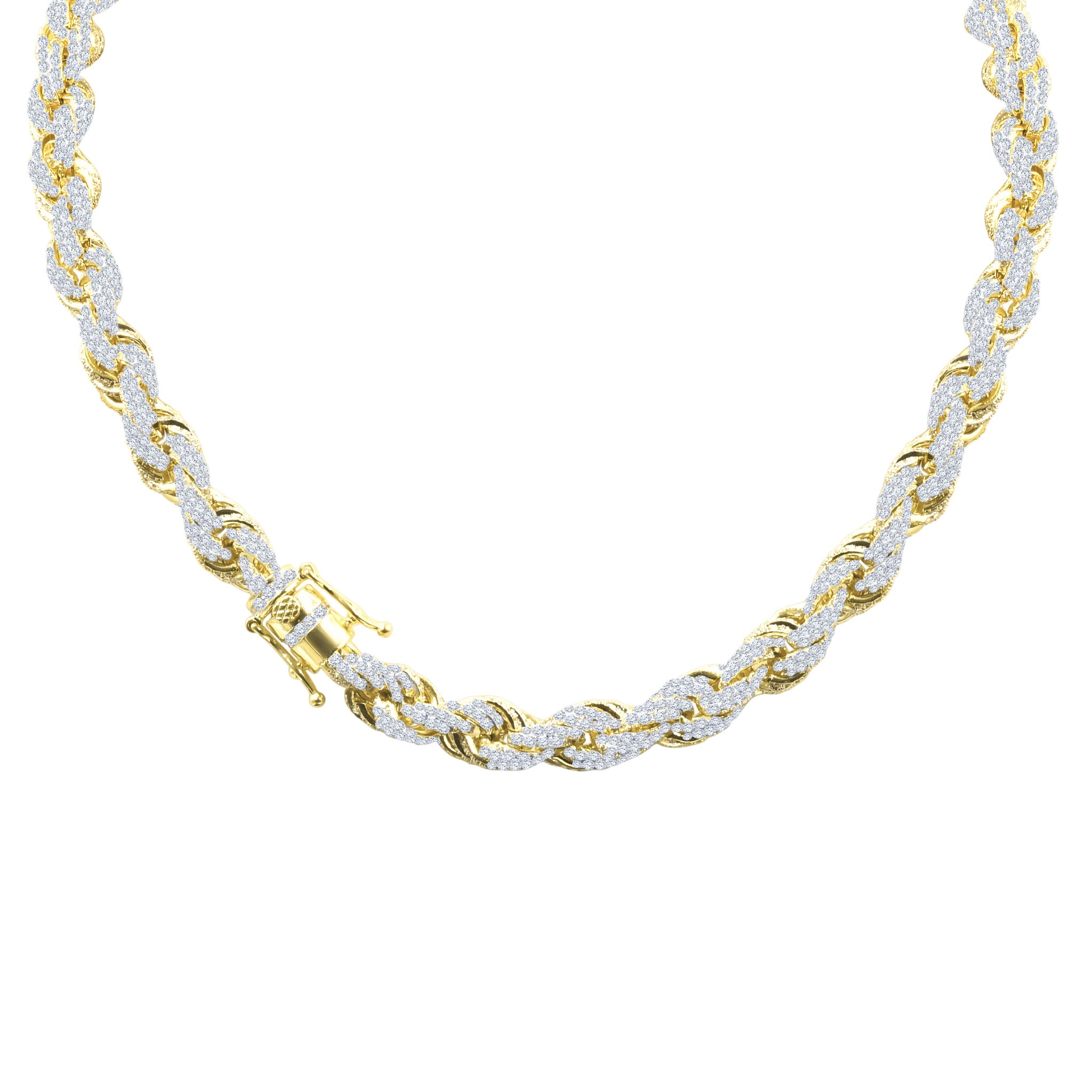 Montage CZ Chain necklace featuring a twisty design with AAA Cubic Zirconia set in brass, available in rhodium and gold plating.