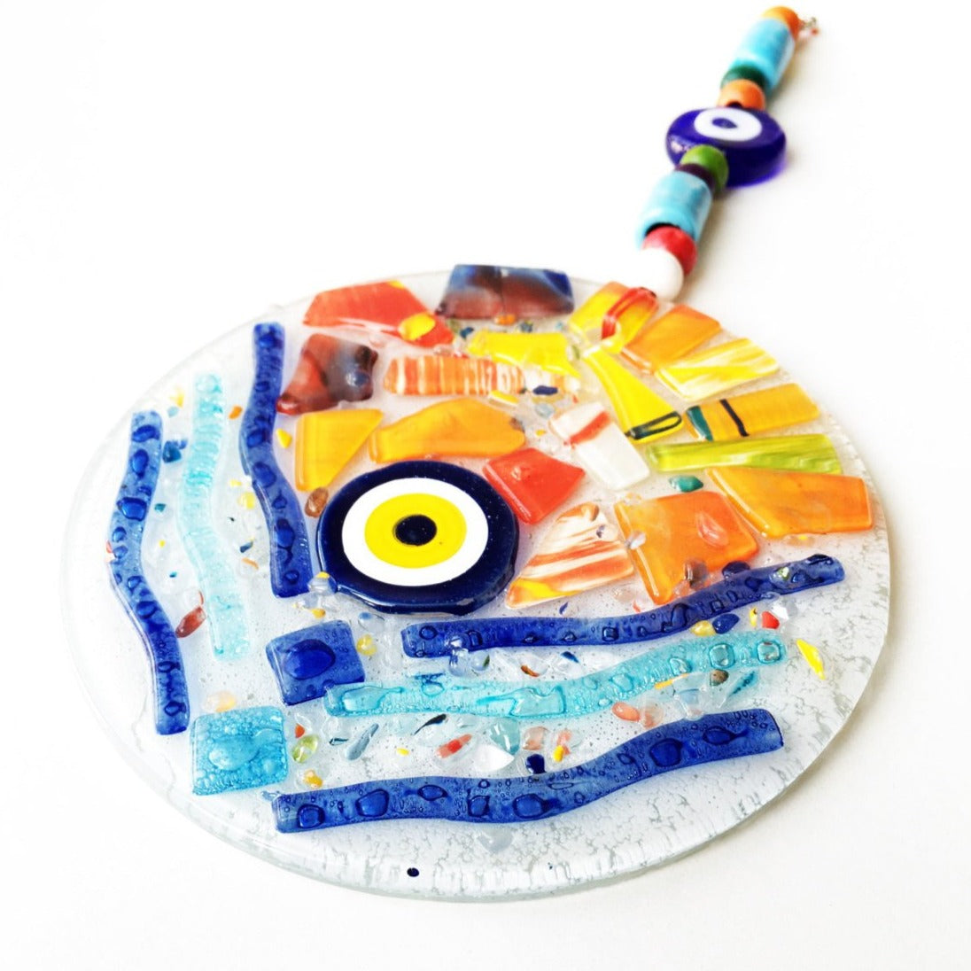 A vibrant Mosaic Glass Evil Eye Wall Hanging featuring intricate designs and colors, perfect for home decor and protection.