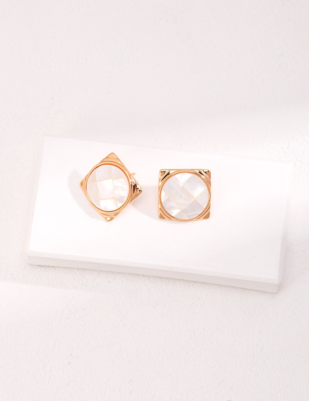 Elegant Mosaic Mother of Pearl Shell Stud Earrings, featuring a unique mosaic design with gold vermeil accents.