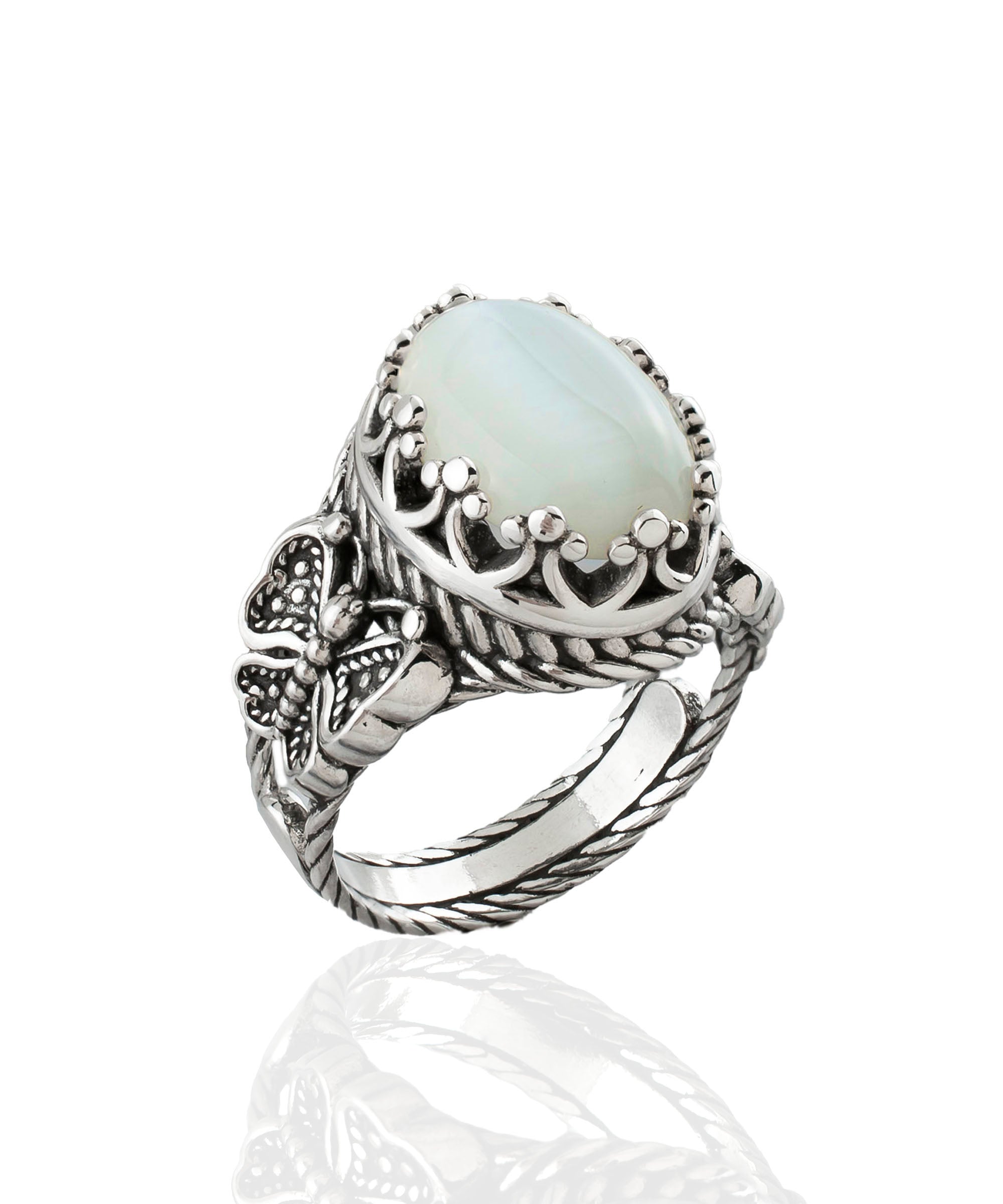 Elegant Mother of Pearl Gemstone Filigree Art Double Butterfly Ring in 925 sterling silver with intricate detailing.