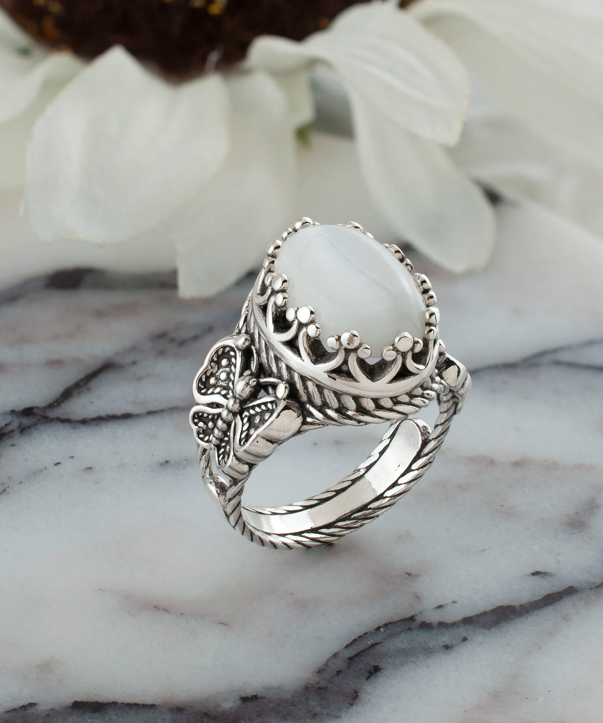 Elegant Mother of Pearl Gemstone Filigree Art Double Butterfly Ring in 925 sterling silver with intricate detailing.