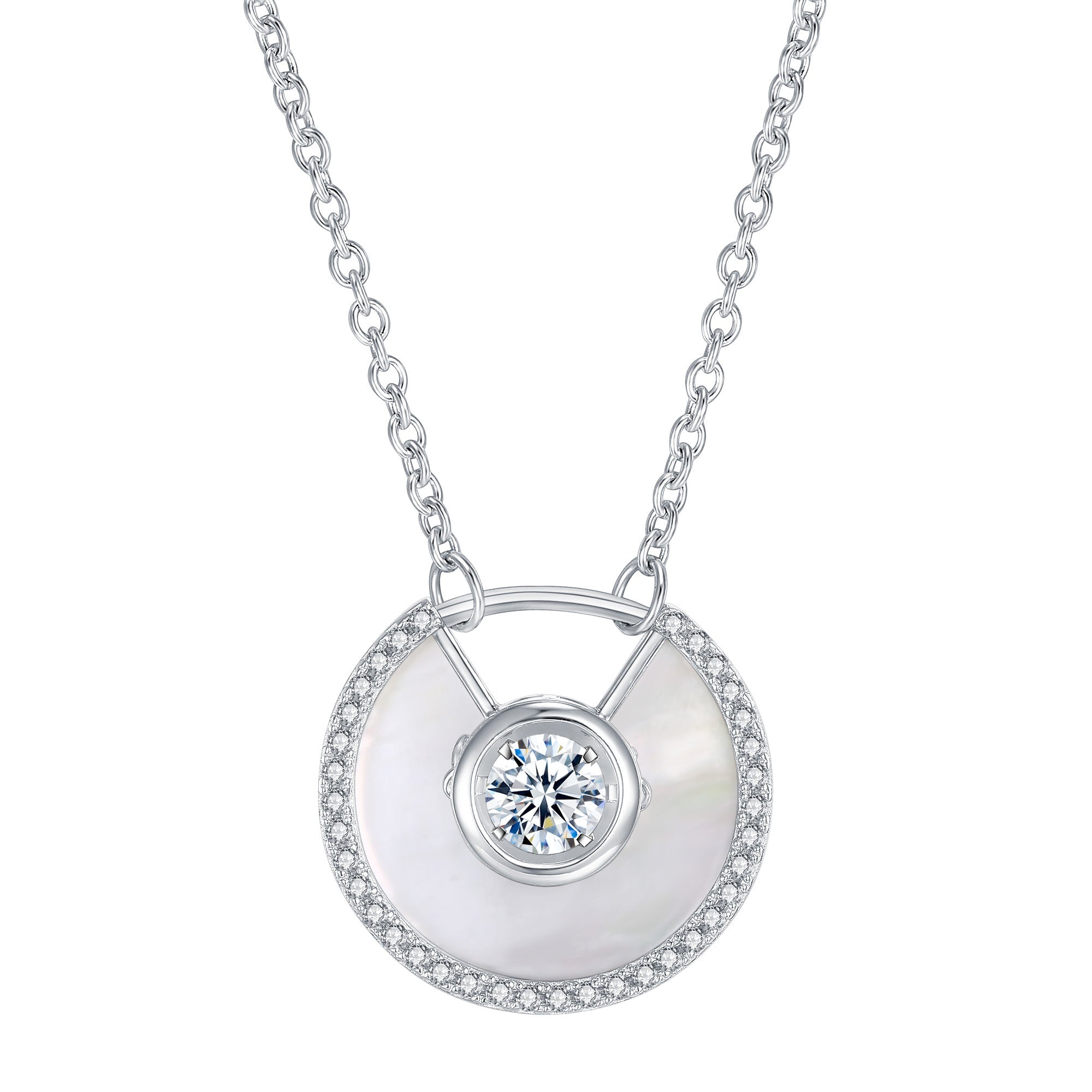 Elegant mother of pearl necklace featuring white sapphire accents, crafted in sterling silver with white gold plating.