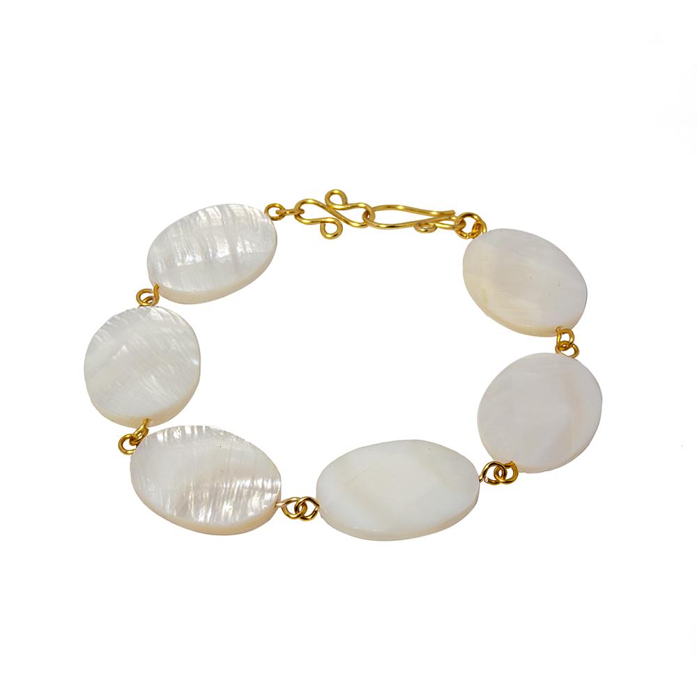 Elegant Mother of Pearl Oval Chain Bracelet featuring natural oval beads and silver-plated copper closure.