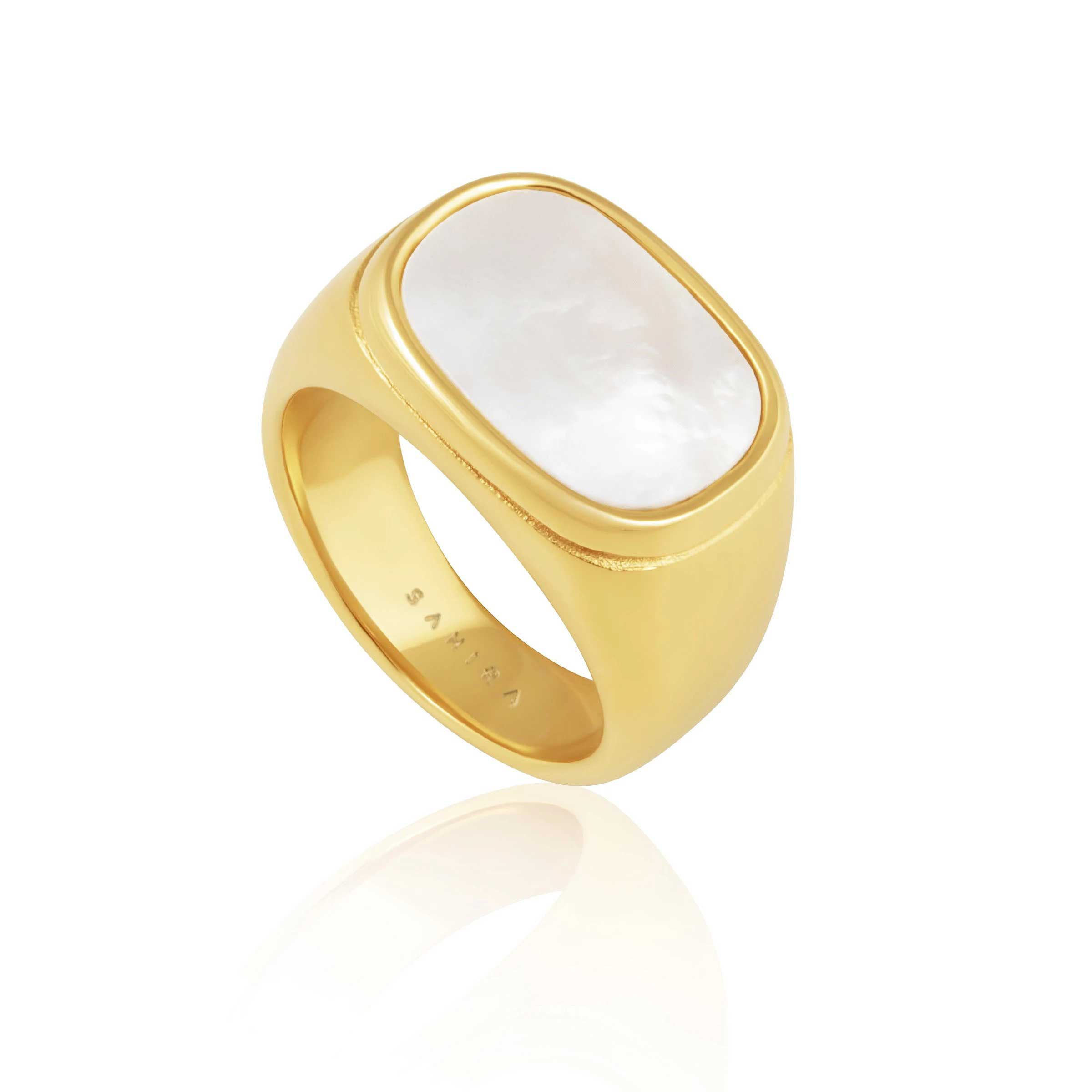 Elegant Mother of Pearl Signet Ring with 18k gold plating over stainless steel, featuring a smooth finish and a stylish design.