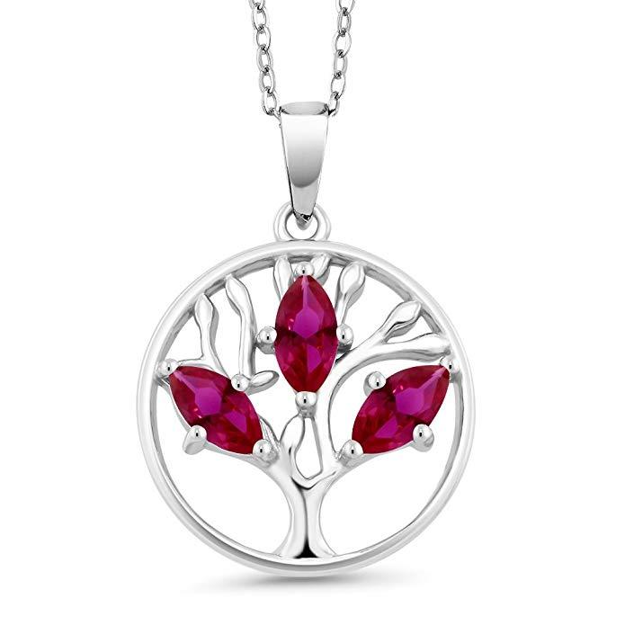 Elegant Motherly 2.00 CT Ruby Pear Cut Tree Of Life Necklace in 18K White Gold, featuring a stunning ruby centerpiece and intricate design.