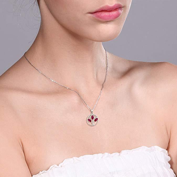 Elegant Motherly 2.00 CT Ruby Pear Cut Tree Of Life Necklace in 18K White Gold, featuring a stunning ruby centerpiece and intricate design.