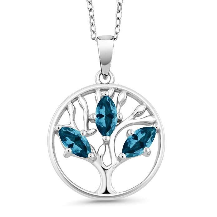 Elegant Motherly Blue Topaz Tree Of Life Necklace in 18K White Gold Plated, featuring a beautiful tree design with blue topaz stones.