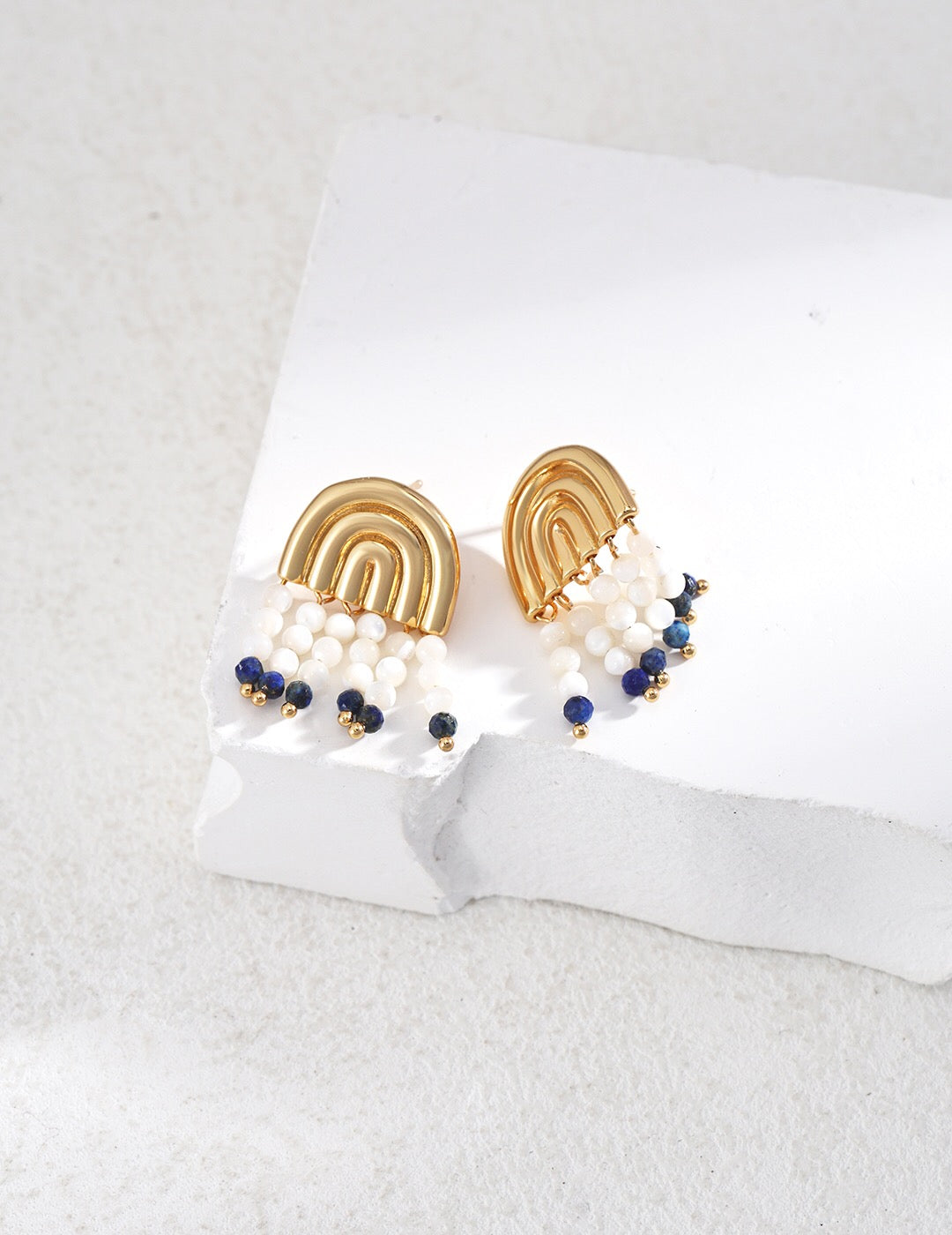 Elegant Mother-of-Pearl Lapis Lazuli Earrings featuring gold vermeil, showcasing a unique handcrafted design.