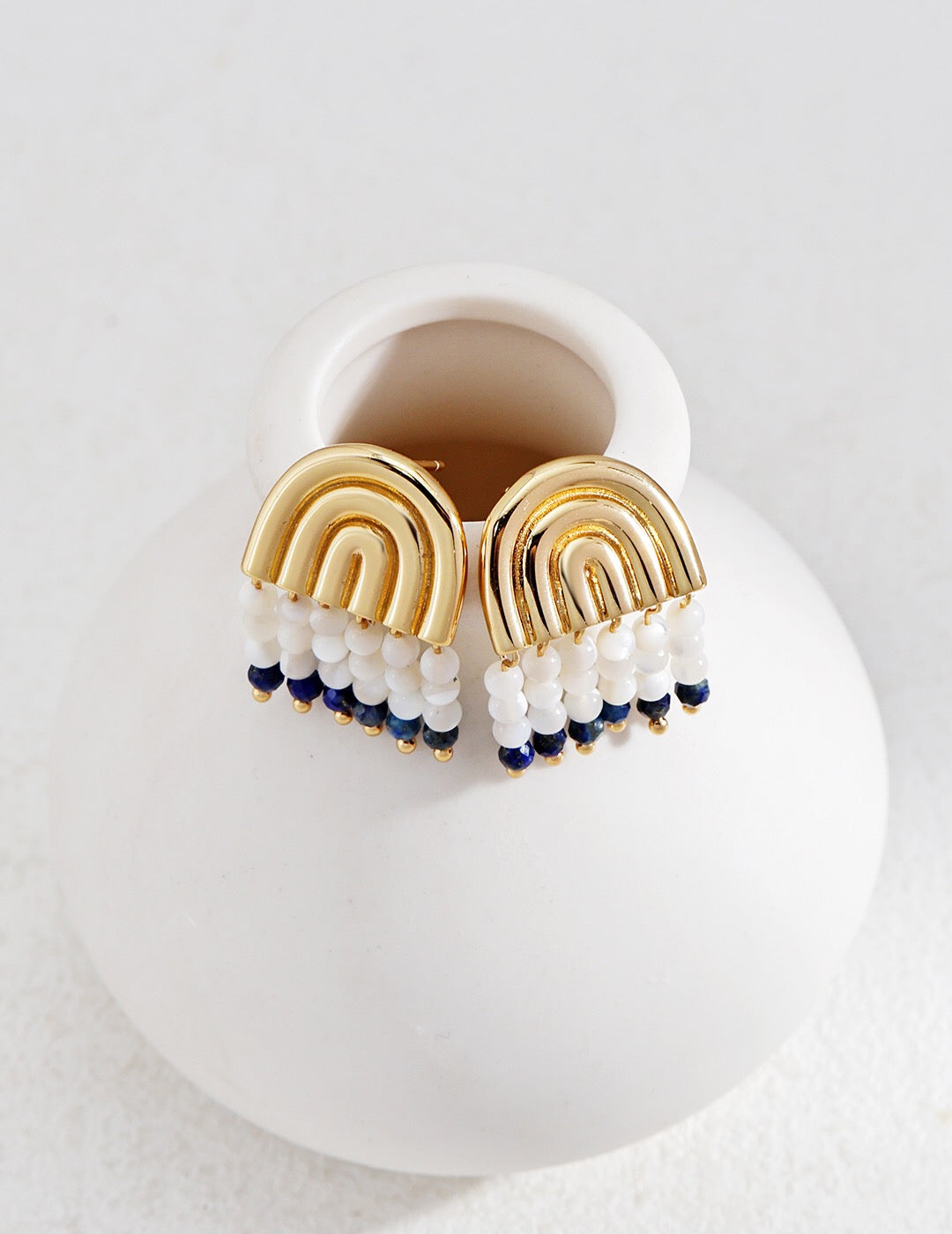 Elegant Mother-of-Pearl Lapis Lazuli Earrings featuring gold vermeil, showcasing a unique handcrafted design.