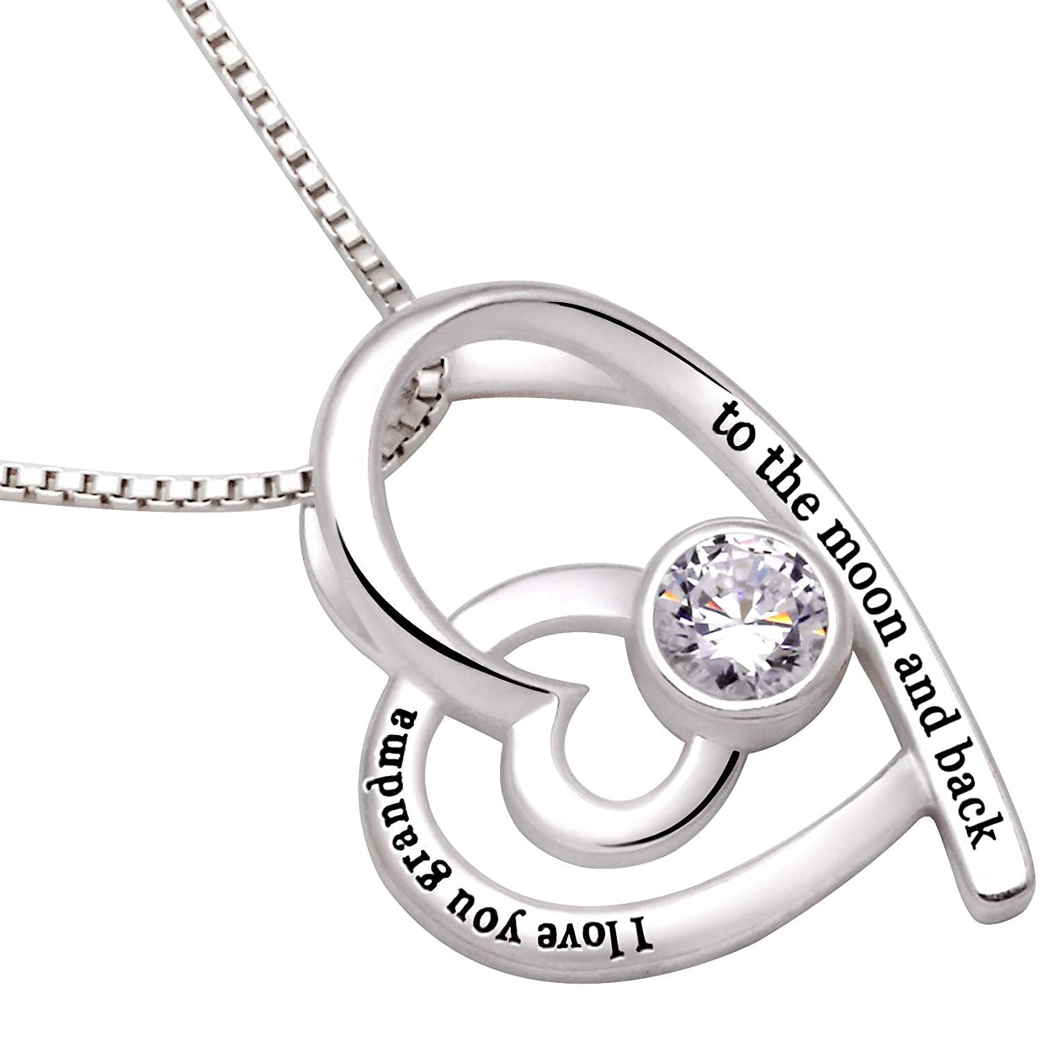 Elegant 'I Love You to the Moon & Back' Crystal Pav'e Heart Necklace in 14K white gold plating with a princess-cut crystal pendant.